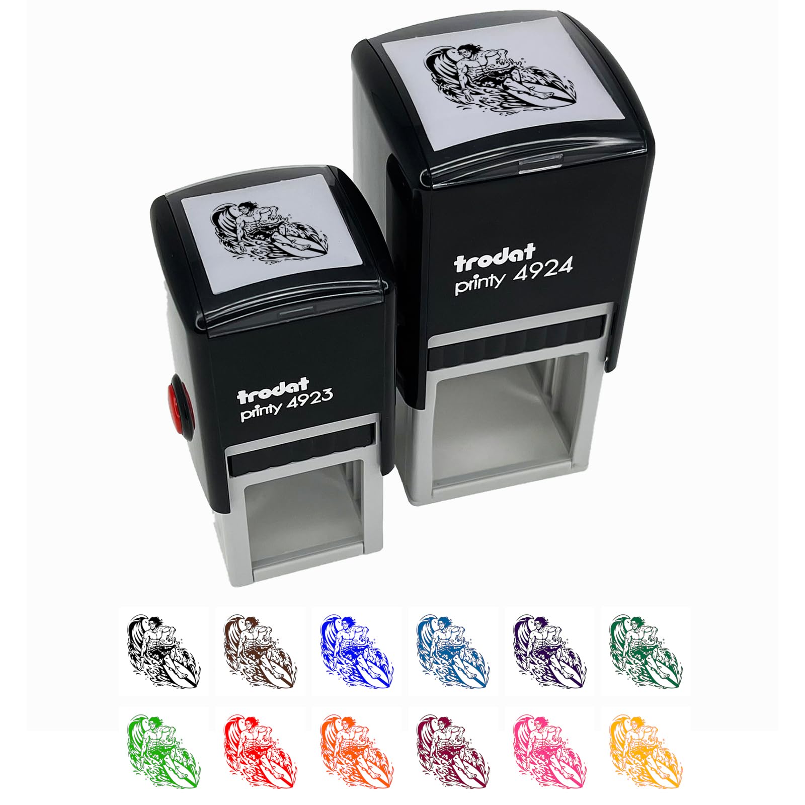 Surfer Man Riding Wave with Surfboard Self-Inking Rubber Stamp - 1 Inch Small Stamp with Red Ink - Perfect for DIY Crafts, Scrapbooking, and Office Documents