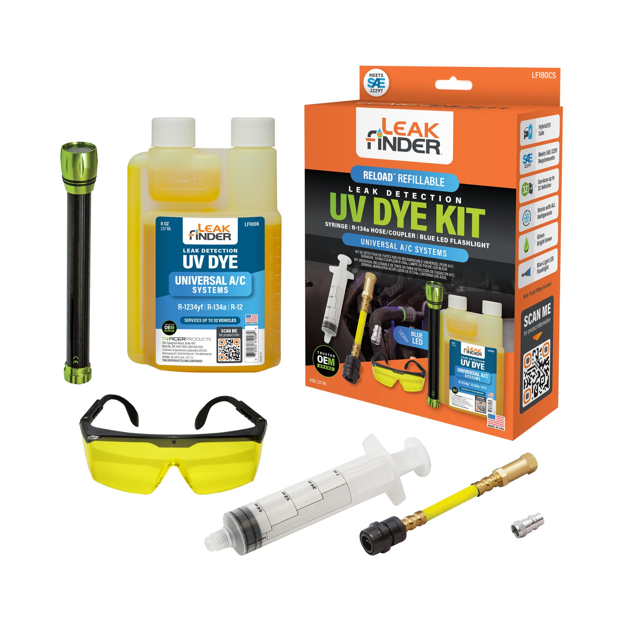 LF180CS RELOAD Refillable AC Leak Detection Kit - 8oz R134A Refrigerant Dye with Reusable Syringe, Hose Coupler for Car & Home Air Conditioners | Made in USA | Perfect for HVAC Maintenance & Auto AC Repair