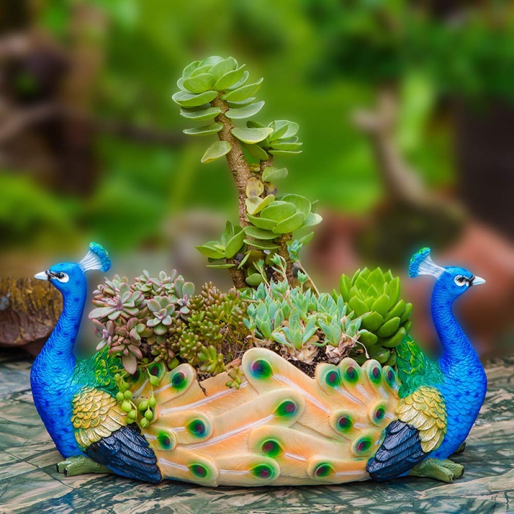 Blue Peacock Resin Flower Pot for Succulents & Cacti - Decorative Plant Container with Drainage - Creative Home & Garden Decor for Indoor/Outdoor Use