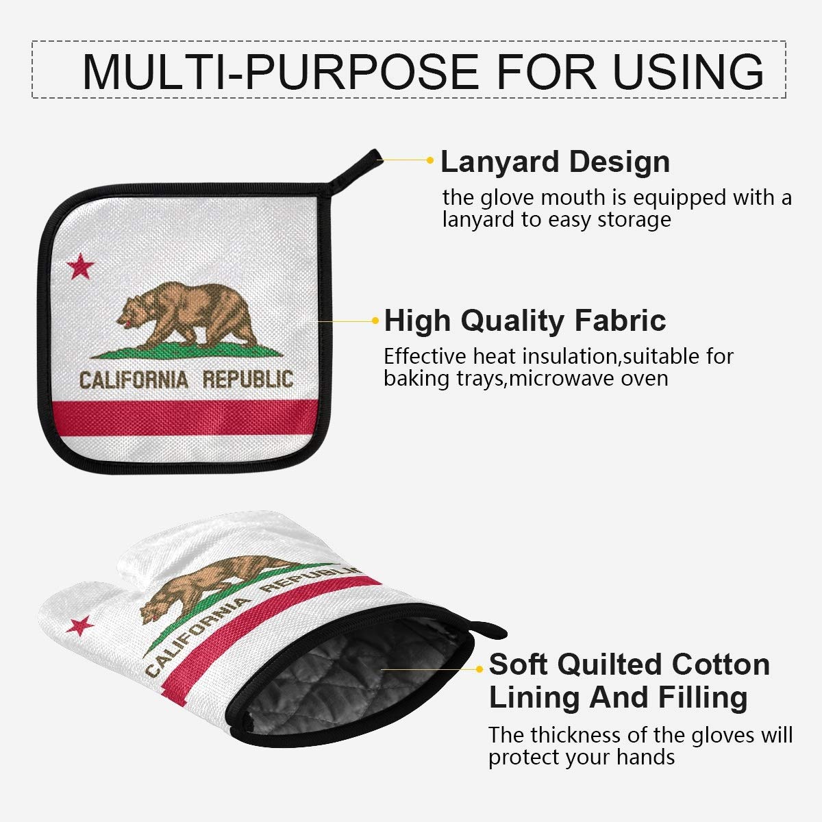 California Bear Flag Oven Mitt & Pot Holder Set - Heat Resistant Kitchen Gloves for Cooking, Baking, Grilling & BBQ - Perfect for Home Chefs & Outdoor Barbecues