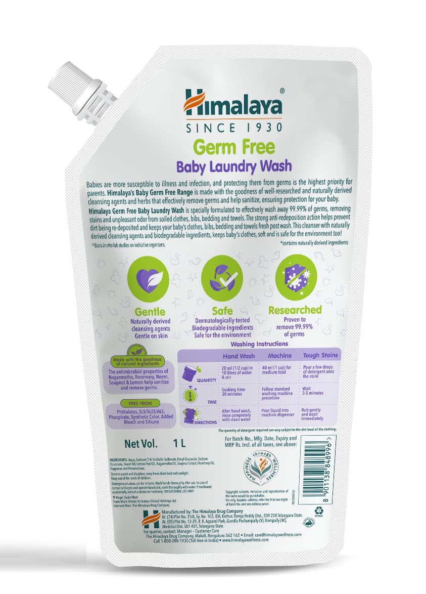 Himalaya Germ-Free Baby Laundry Detergent Liquid - 1L Pouch | Hypoallergenic & Gentle for Newborn Clothes | Perfect for Diapers, Onesies & Sensitive Skin Care
