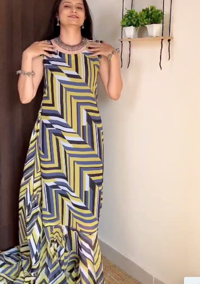Elegant Black and Yellow Saree Gown with Stitched Blouse - Ready to Wear for Women | Perfect for Weddings, Parties & Special Occasions | Next Day UK Delivery