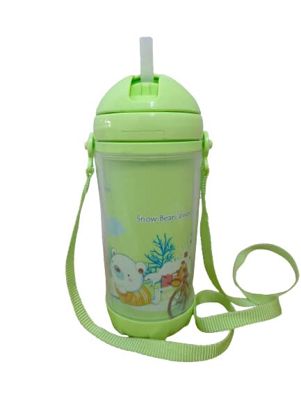 **Puthak 500ml Cute Cartoon Printed Water Bottle with Straw for Kids - BPA Free, Leak Proof Flip Top Lid, Silicone Sipper & Soft Carry Neck Strap - Ideal for School, Travel & Outdoor Activities (Green)**
