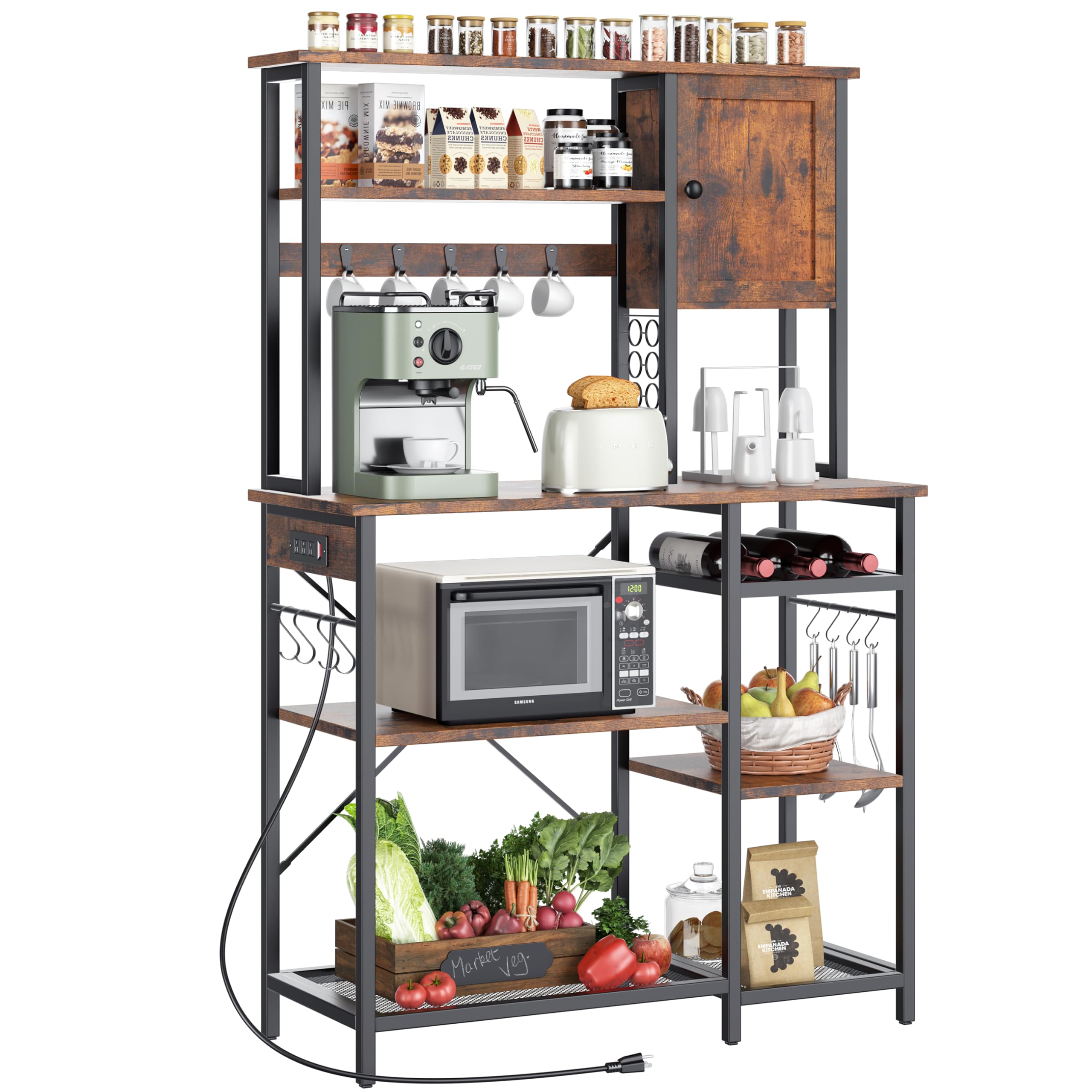5-Tier Metal Bakers Rack with Power Outlet & Storage - Microwave Stand, Coffee Bar Organizer with K-Cup Holder, 39.37