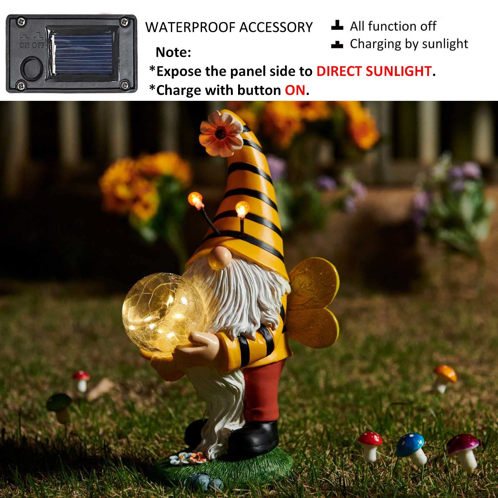 Funny Solar-Powered Yellow Garden Gnome with Bee Design - Waterproof Outdoor Statue for Patio, Lawn & Garden Decor | Perfect for Spring & Summer Decoration, Backyard Parties & DIY Landscape Design