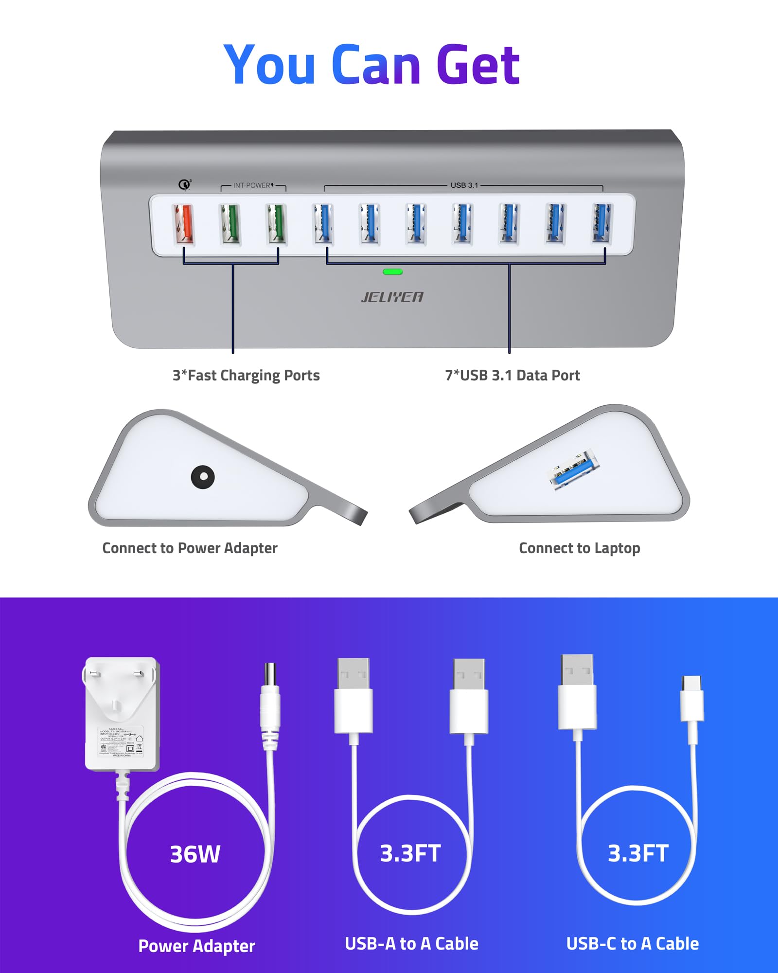 10-Port USB C Hub 10Gbps with Fast Charging - for Laptop, PC, Gaming Setup