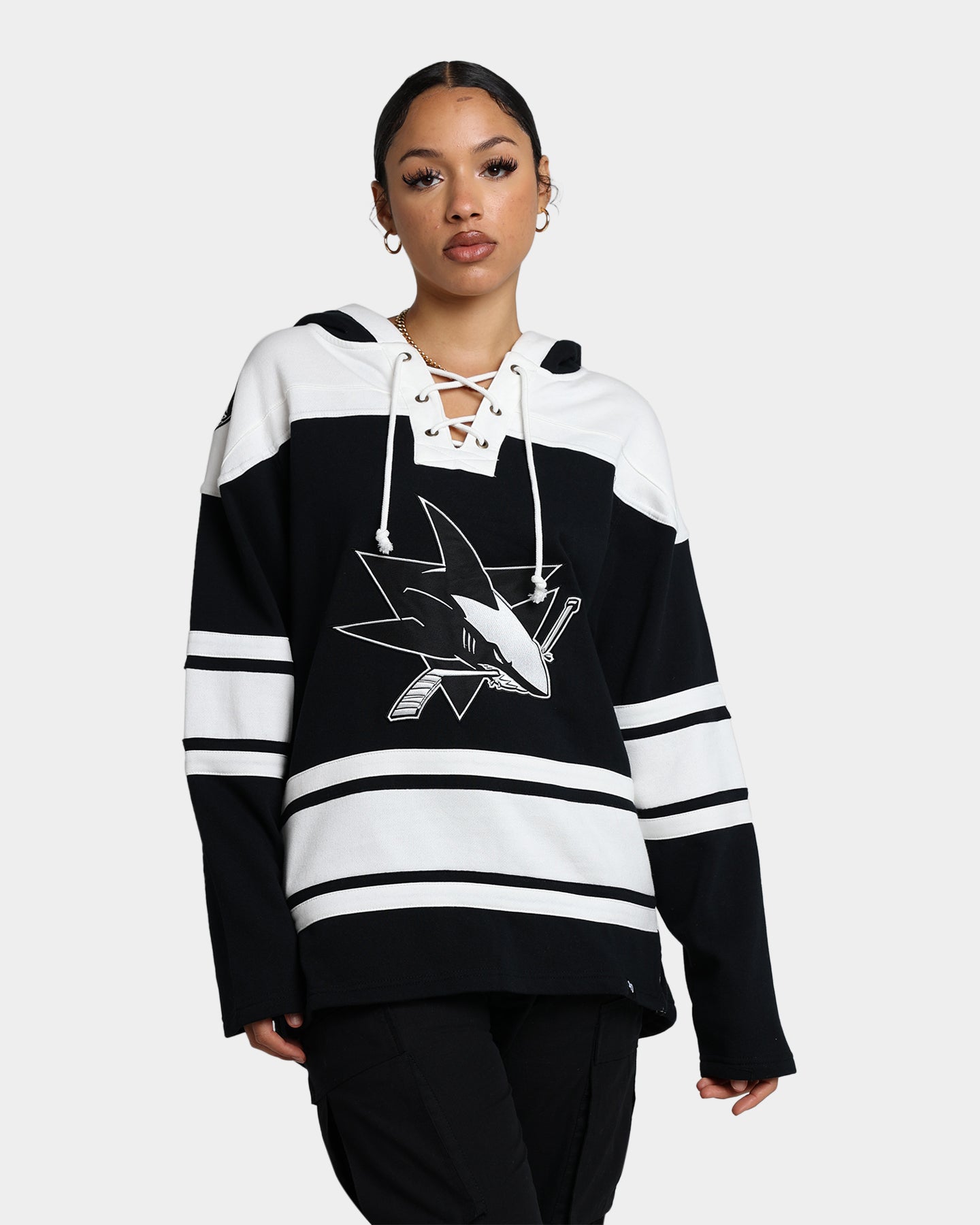 47 Brand San Jose Sharks Superior Lacer Hoodie - Men's NHL Hockey Pullover Sweatshirt for Fans - Jet Black - Perfect for Game Day & Casual Wear
