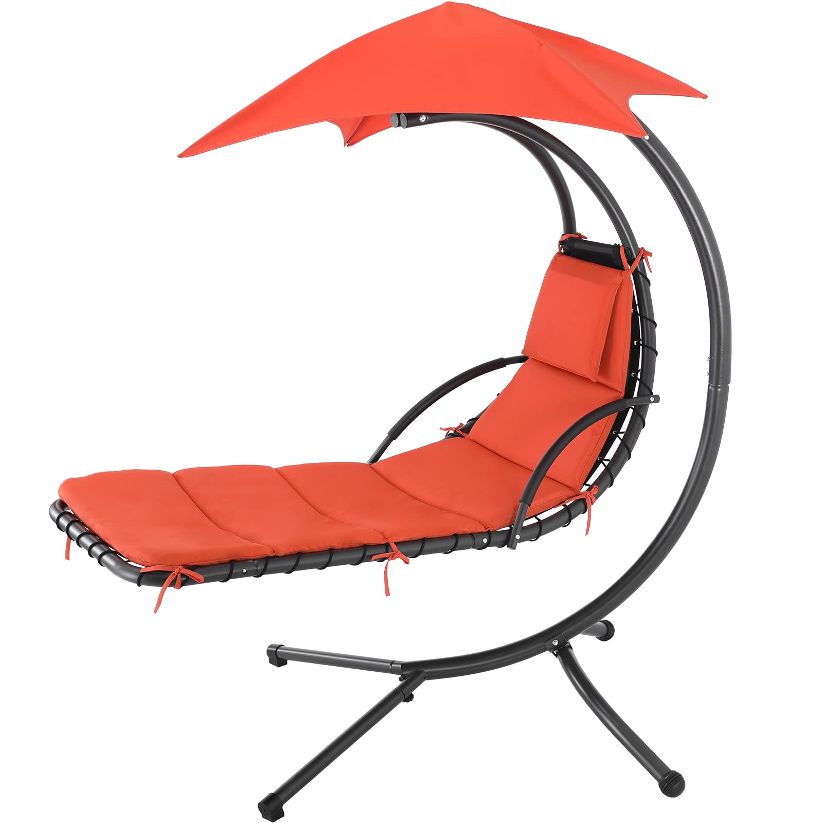 Adjustable Outdoor Patio Hanging Chaise Lounge Chair with Arc Stand - Floating Curved Hammock with Air Porch Stand, Built-in Pillow & Removable Canopy - Perfect for Backyard, Garden, Poolside & Indoor Relaxation - Orange (SAB-OT-001)
