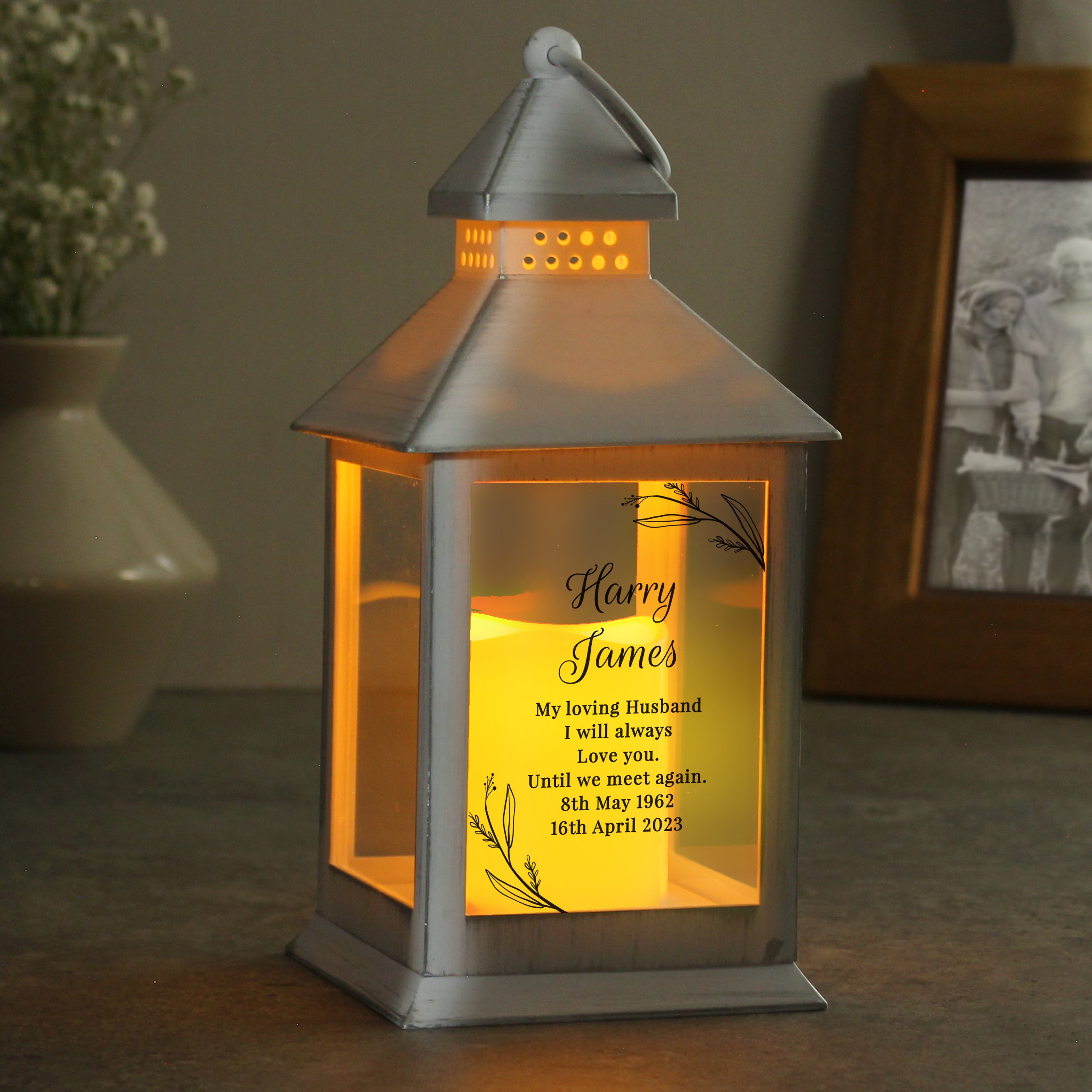 Personalized Memorial White Lantern - Custom Engraved LED Candle Holder for Funeral, Memorial Service & Home Decoration