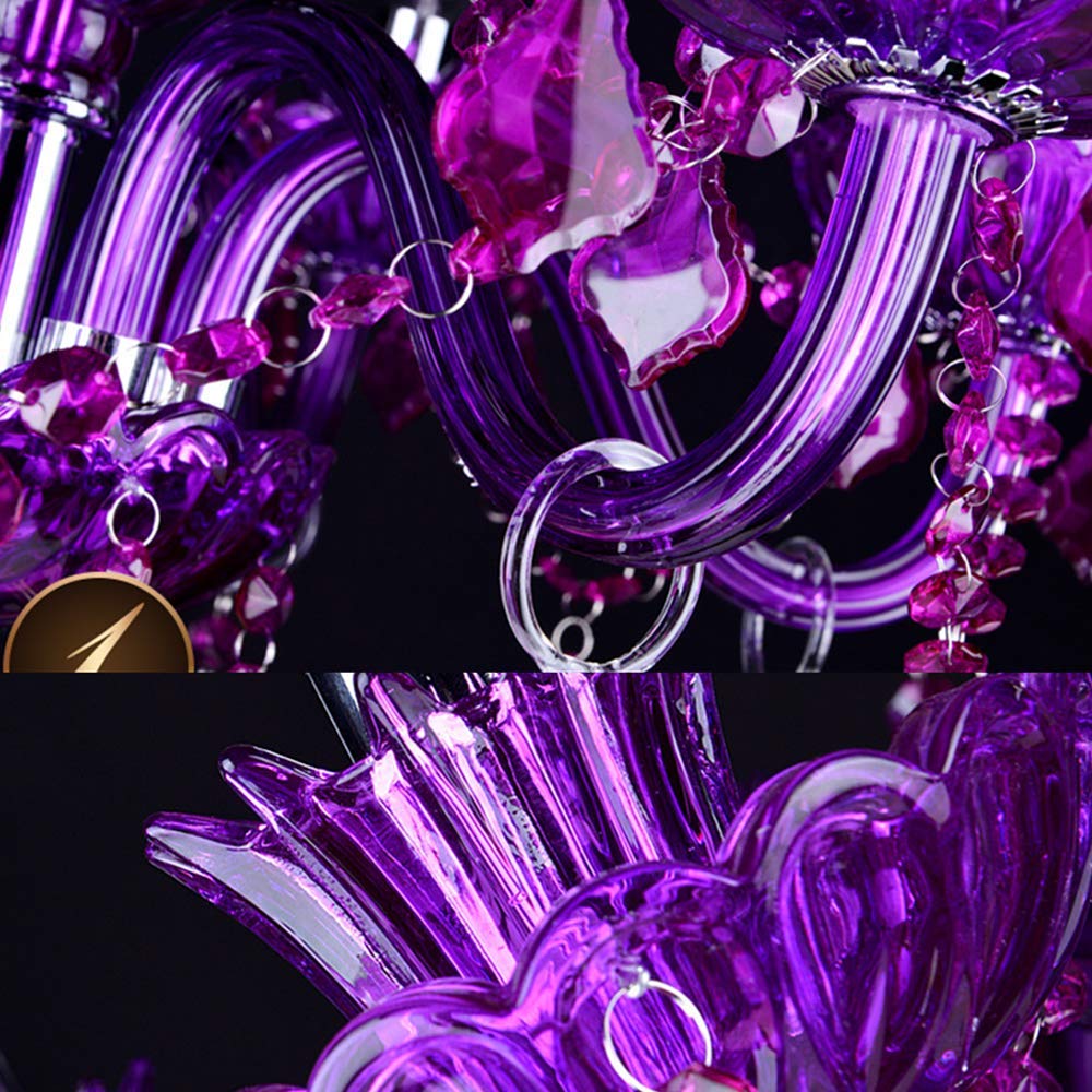 LAKIQ Modern Crystal Chandelier - Adjustable Hanging Pendant Light Fixture for Dining Room, Living Room & Bedroom - 6-Light Candle Candelabra Design (Purple) - Perfect for Home Decor, Wedding Venues & Restaurant Lighting