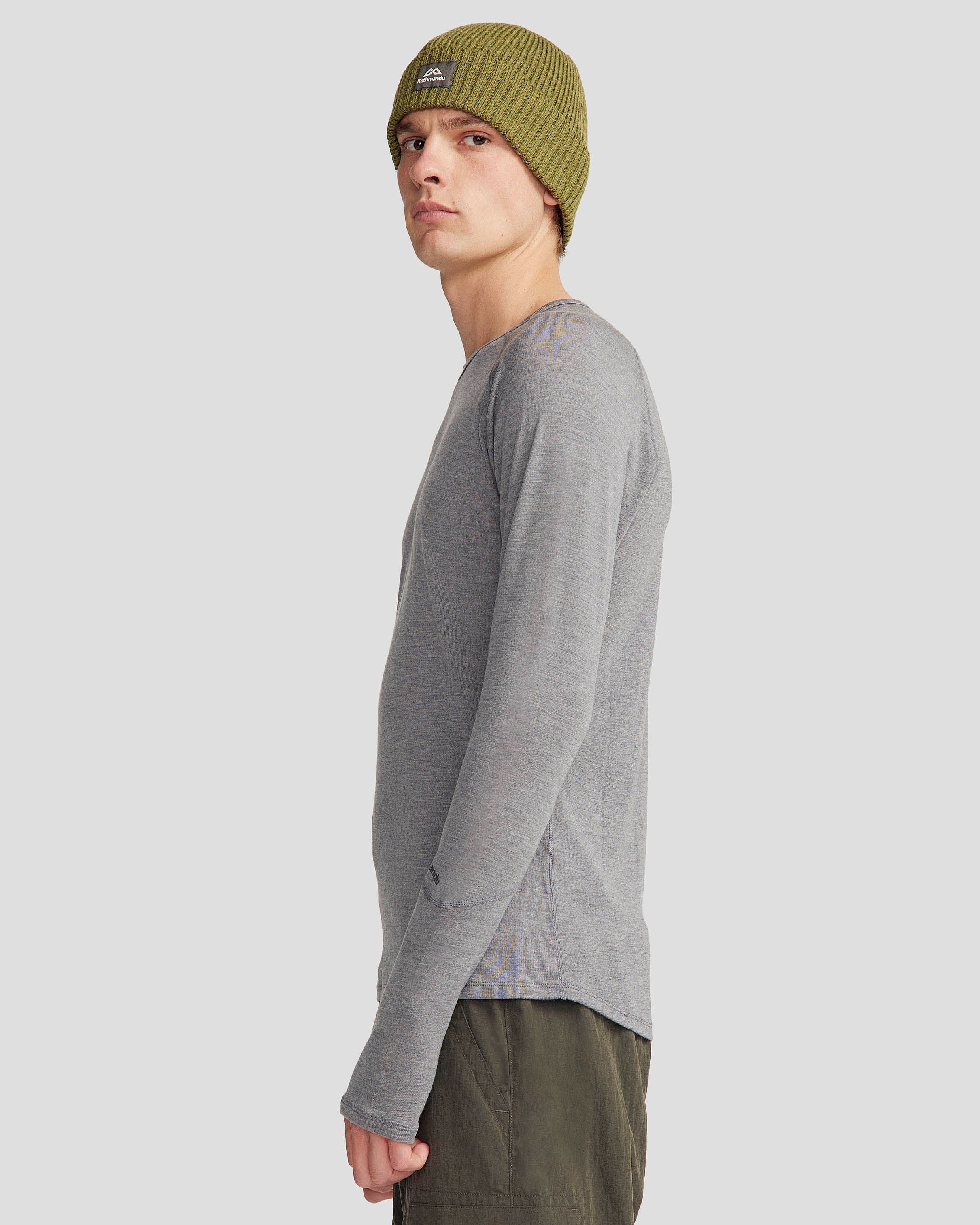 KMD Merino Wool Baselayer Long Sleeve Top for Men - Grey Marle - Moisture Wicking & Odor Resistant Thermal Shirt for Hiking, Skiing & Outdoor Activities