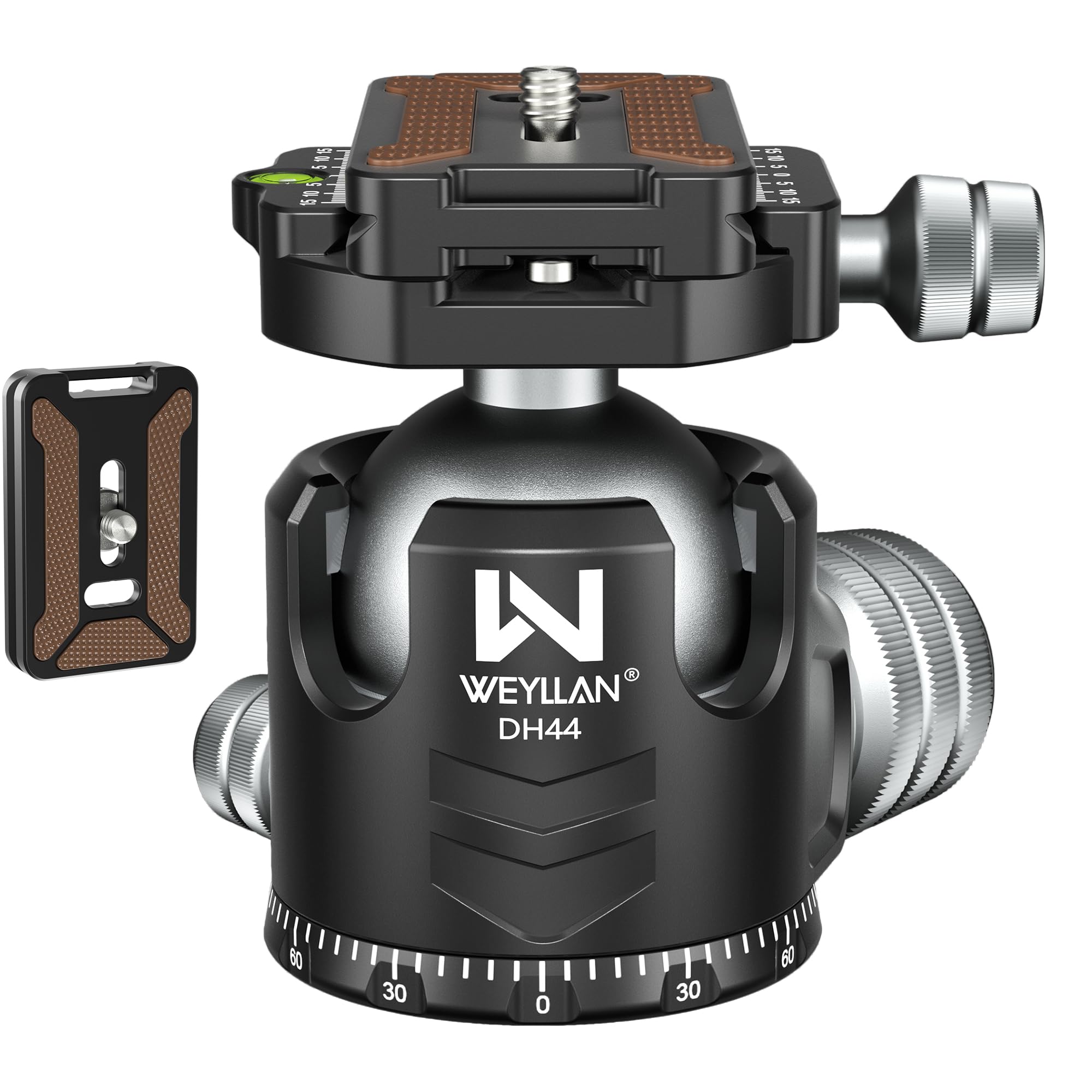 WEYLLAN DH44 44mm Low Profile Ball Head - 360° Metal Panoramic Tripod Head with 2 Quick Release Plates, Arca Compatible for DSLR Camera, Max Load 55lbs/25kg - Perfect for Landscape, Portrait & Travel Photography