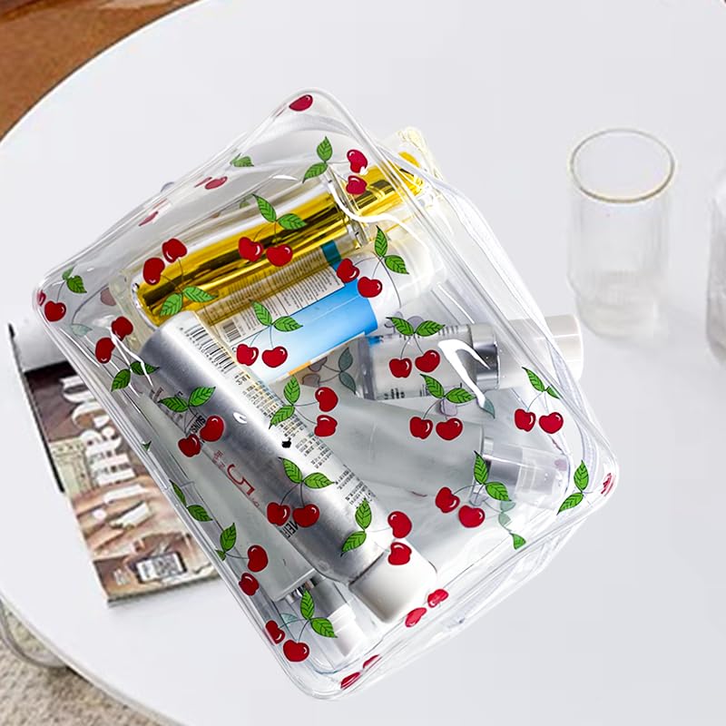 2PCS Red Cherry Print Transparent PVC Cosmetic Bags - Waterproof Travel Makeup Organizer for Women & Girls | Perfect for Toiletries, Travel Essentials & Daily Storage