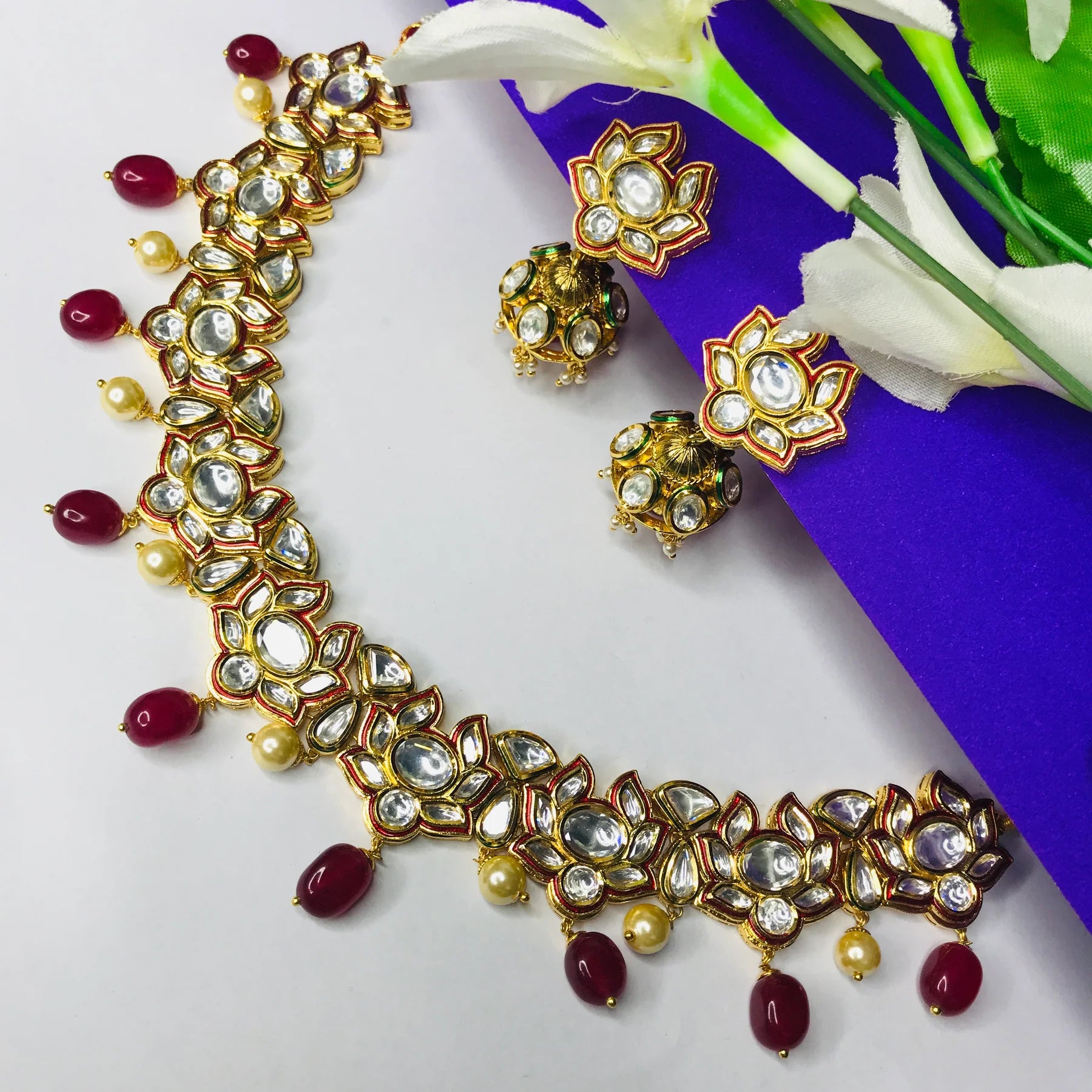 Royal Kundan Gold Plated Necklace & Earrings Set (D565) - Elegant Indian Jewelry for Weddings, Parties & Special Occasions