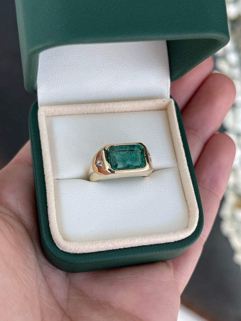 4.21tcw 14K Gold East-West Emerald & Trillion Cut Diamond Three Stone Ring for Women - Elegant Green Gemstone Jewelry for Engagement, Anniversary & Special Occasions