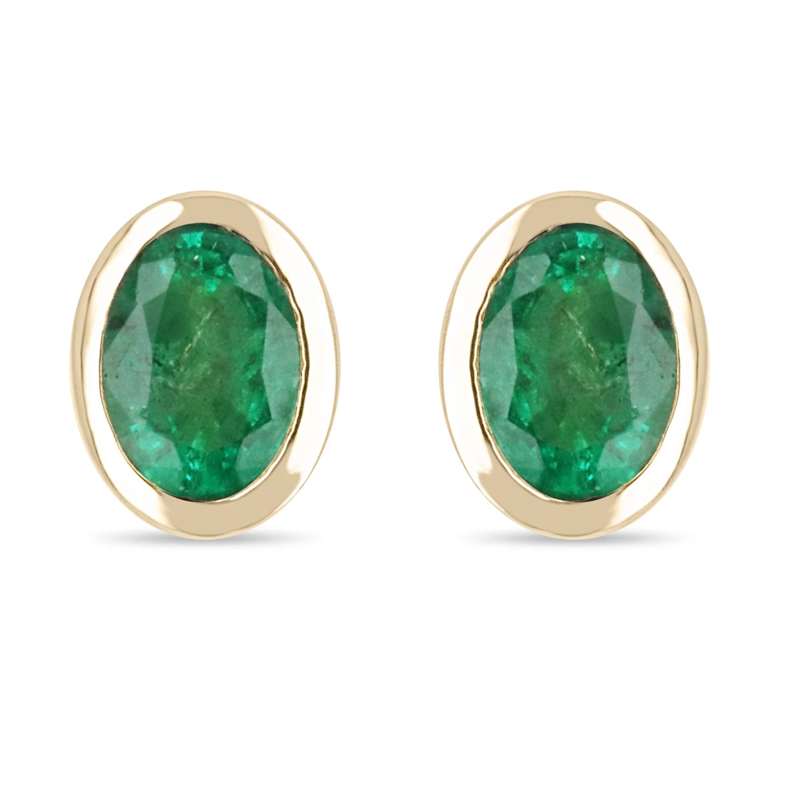 1.87tcw 14K Natural Emerald Oval Cut Bezel Set Gold Stud Earrings for Women - Elegant Green Gemstone Jewelry Gift for Birthday, Anniversary & Special Occasions