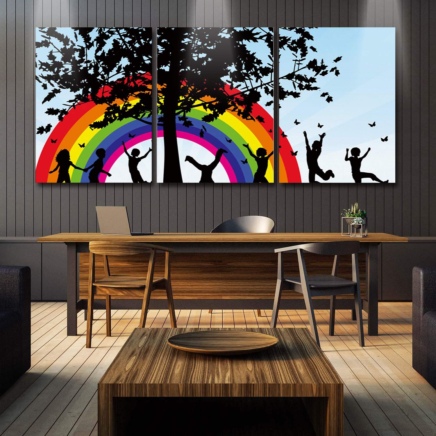 Children Playing Under Tree Rainbow Canvas Wall Art - Set of 3 Framed Giclee Prints 16x24 Inch - Nursery, Bedroom, Living Room Decor for Kids & Family Spaces