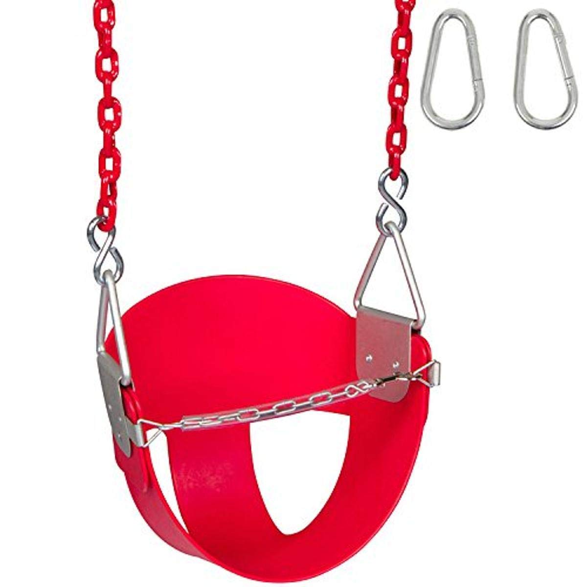 Highback Half Bucket Swing Seat (Red) - 5.5 Foot Coated Chain with SSS Logo Sticker - Durable Outdoor Swing Set Accessory for Kids Playground, Backyard & Park