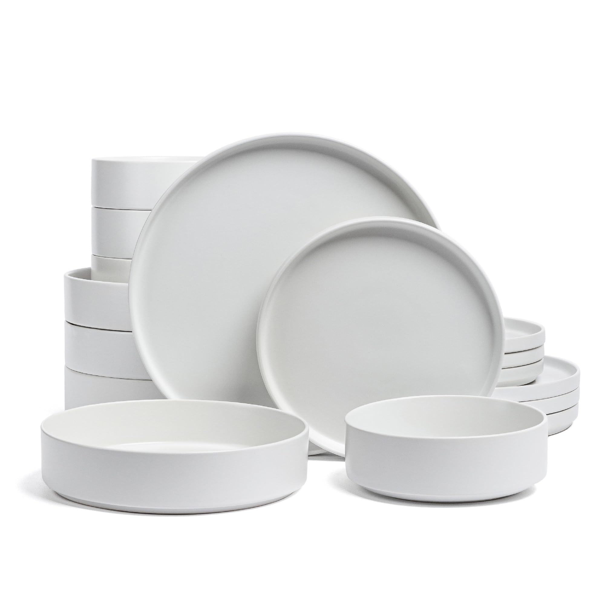 16-Piece Stackable Stoneware Dinnerware Set - Includes 4 Dinner Plates, 4 Salad Plates, 4 Cereal Bowls & 4 Soup Bowls - All-Occasion White Dish Set for Everyday Dining & Entertaining - Durable Semi-Matte Finish for Family Meals, Dinner Parties & Restaurant-Style Serving