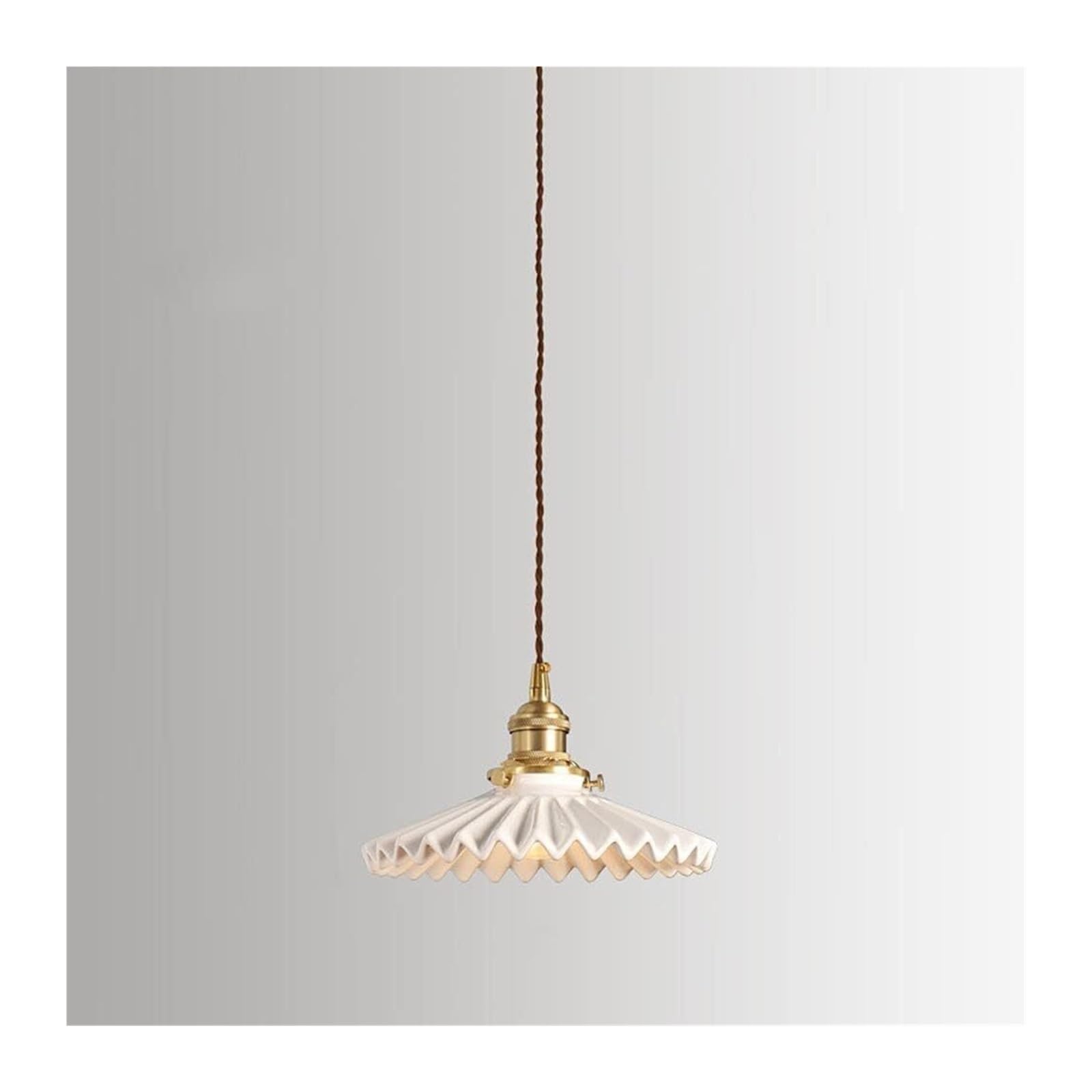 Vintage Gold Farmhouse Pendant Light - Adjustable Glass Single Hanging Chandelier with Pleated Ceramic Shade for Bedroom, Kitchen, Dining Room & Living Room Lighting (White)