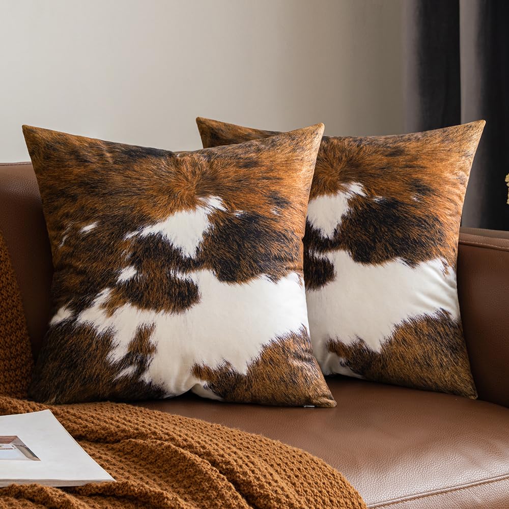 Woaboy Pack of 2 Cowhide Brindle Print Decorative Throw Pillow Covers 18x18 Inch - Soft Couch Pillow Covers for Sofa, Living Room, Bedroom Decor | Perfect for Home Styling, Cozy Reading Nook & Accent Pillows