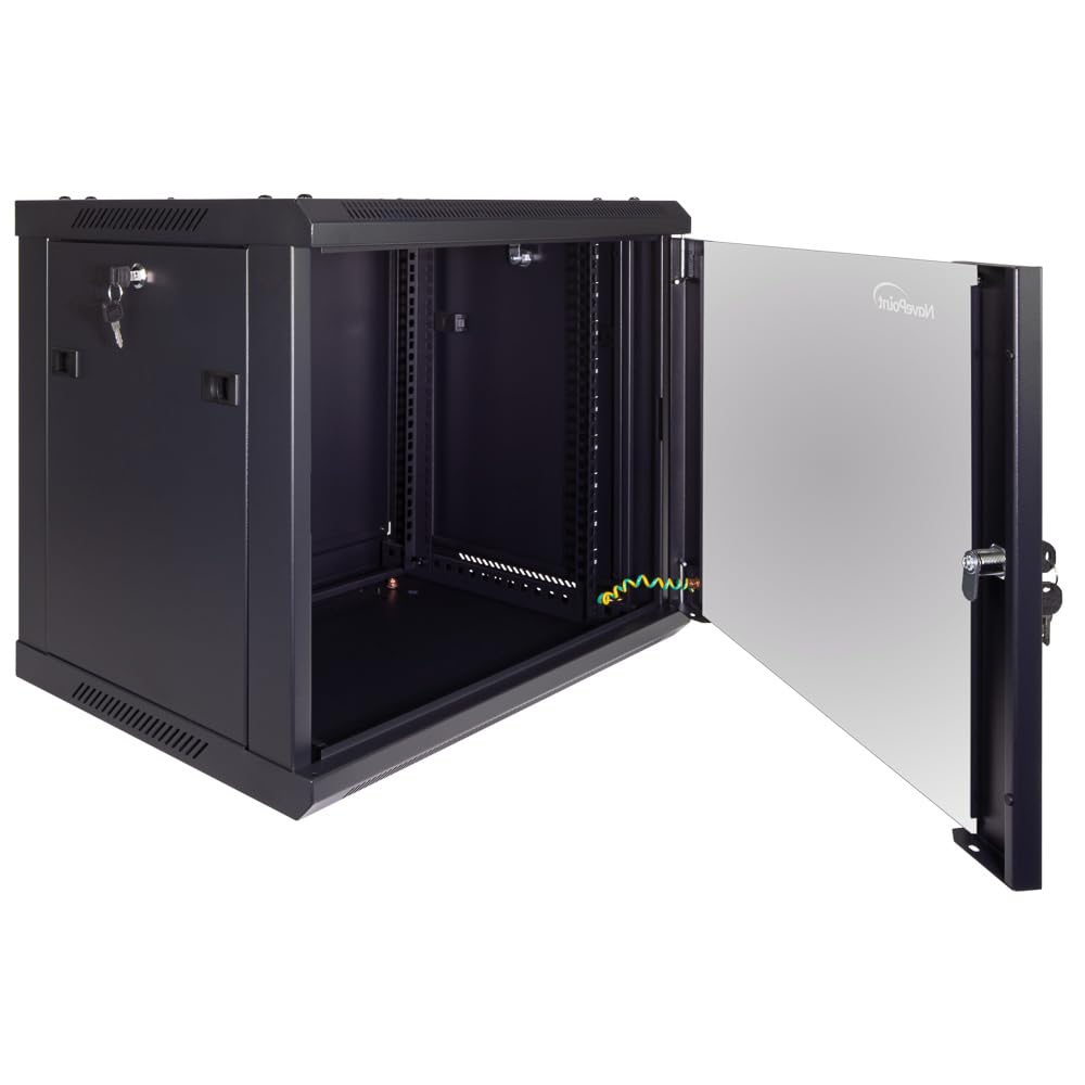 NavePoint 9U Wall Mount Server Rack Cabinet with Locking Glass Door - 19 Inch Network Rack Enclosure for IT & AV Equipment | Includes 2 Cooling Fans, Removable Side Panels (17.7