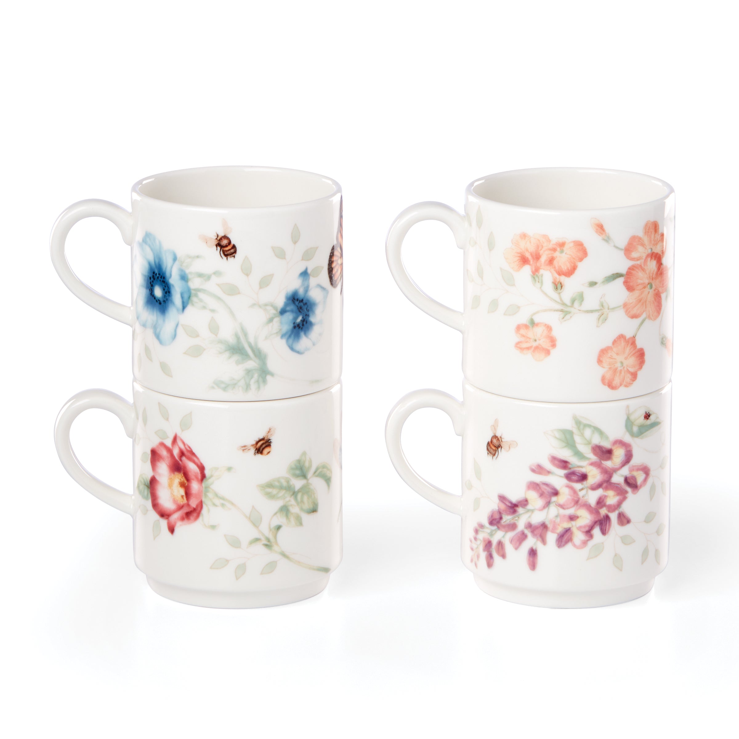 Butterfly Meadow Stacking Mugs Set of 4 - Colorful Ceramic Coffee Cups for Tea, Hot Chocolate & Breakfast - Perfect for Home, Office & Gift Giving