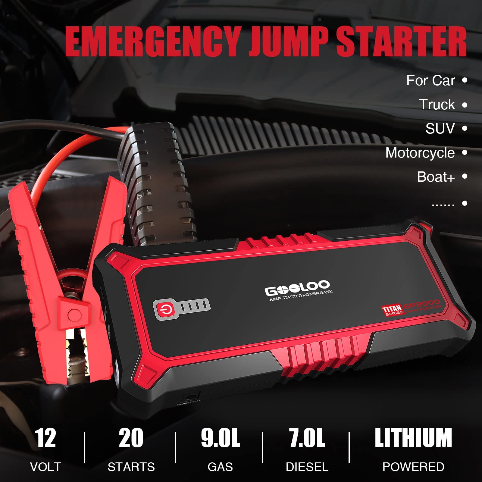 GOOLOO GP2000 Jump Starter & S4 4Amp Car Battery Charger Combo - 9% Off - Emergency Vehicle Jump Start and Battery Maintenance for Cars, Trucks, SUVs, Boats, and Motorcycles