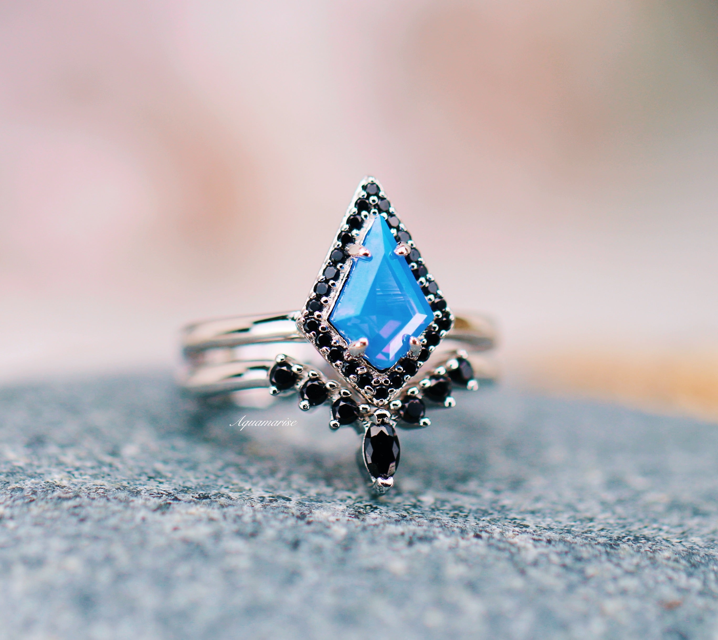 Opalescent Blue Sapphire & Black Onyx Sterling Silver Ring Set for Women - Elegant Stackable Rings for Wedding, Anniversary, Gift & Everyday Wear