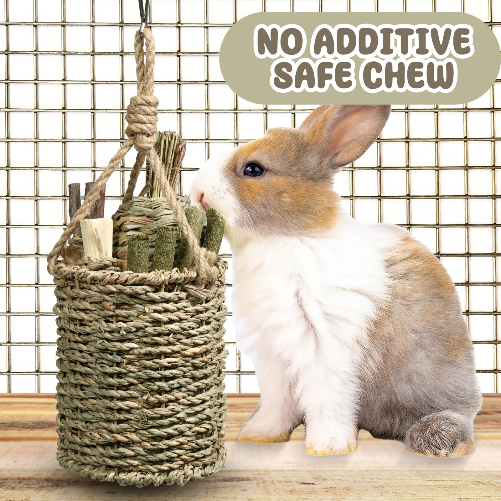 Natural Seagrass Hanging Basket Chew Toy for Rabbits, Chinchillas, Guinea Pigs & Small Pets - Includes Sweet Bamboo, Timothy Hay, Water Plant Radish & Apple Sticks - Perfect for Teeth Grinding, Cage Enrichment & Small Animal Entertainment