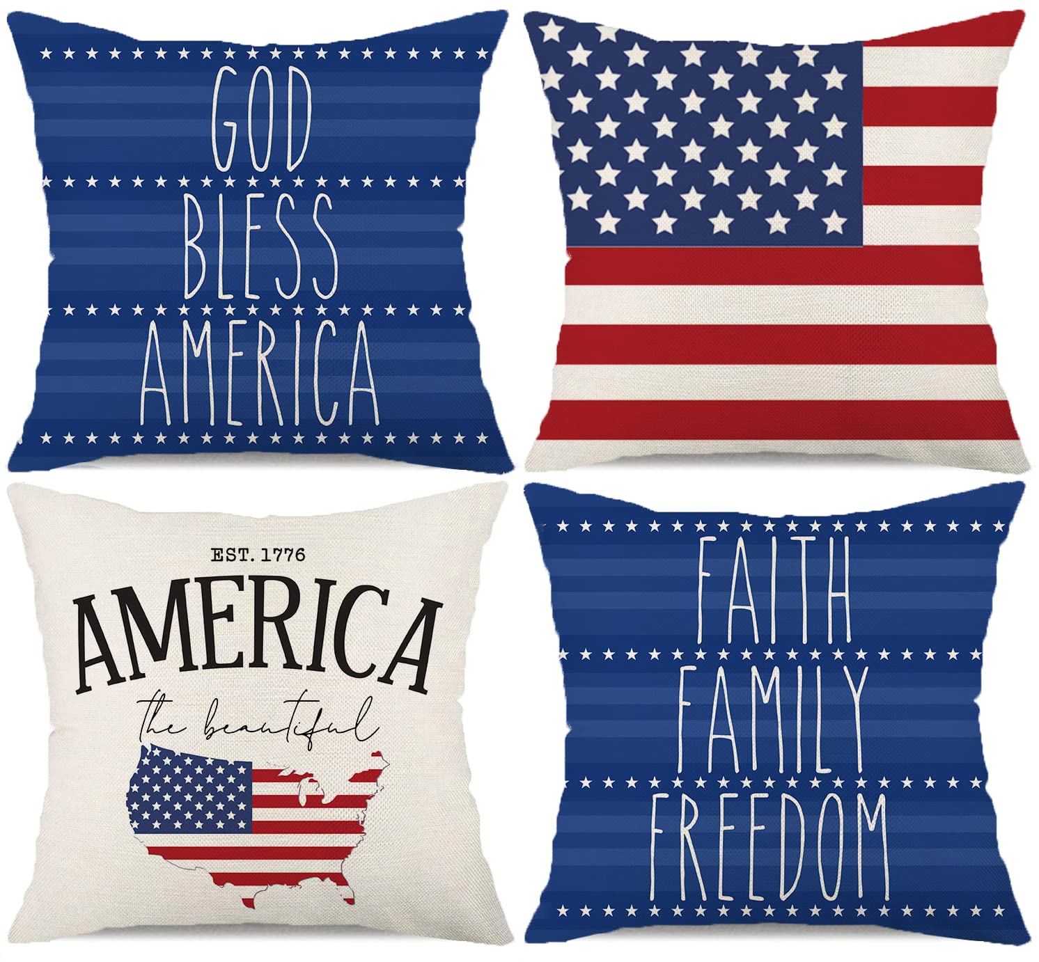 Patriotic 4th of July Pillow Covers 18x18 Inch - God Bless America Independence Day Decor, Memorial Day Cushion Covers for Sofa, Couch & Outdoor - Set of 4 (Flag-God-Blue) - Perfect for Living Room, Porch & Patriotic Holiday Decorations