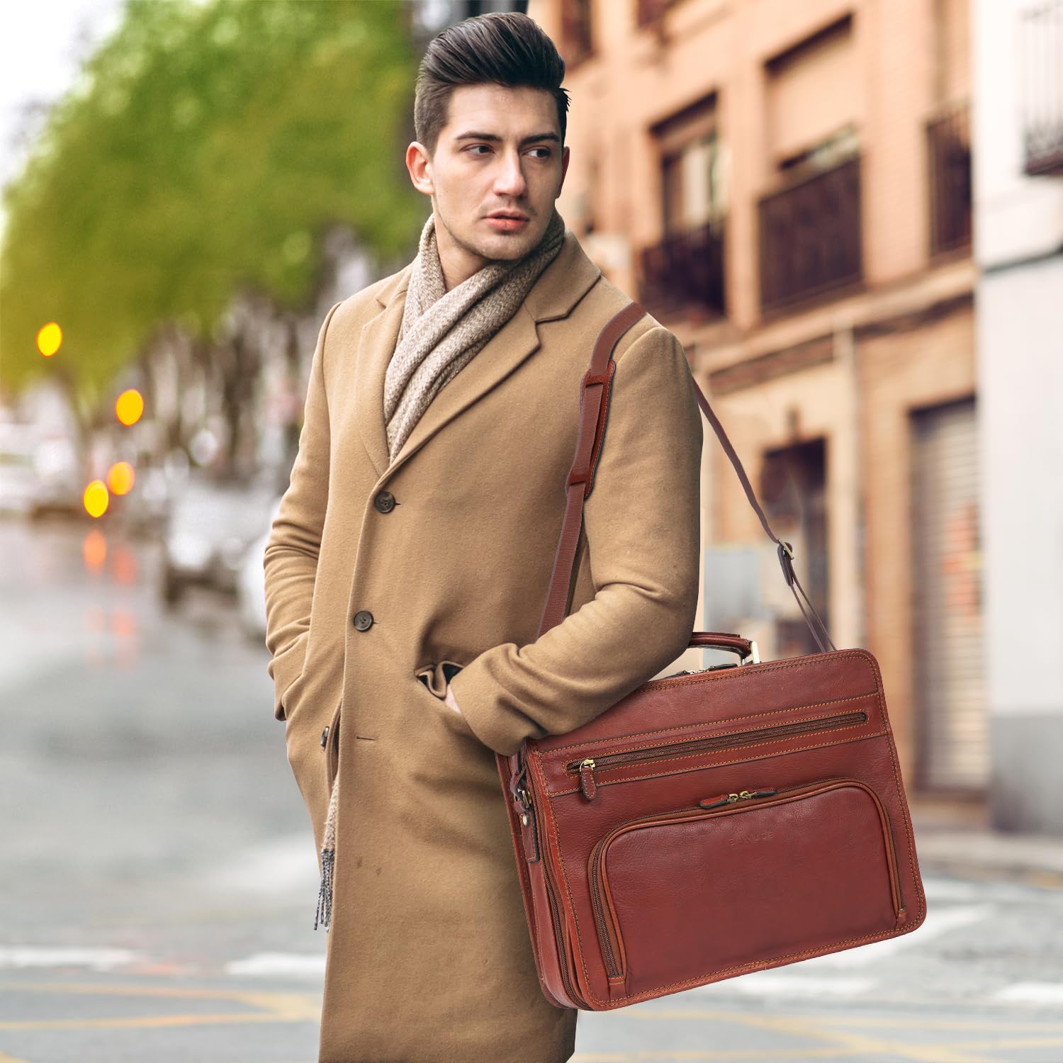 Premium Vintage Italian Leather Briefcase for Men - Full Grain Business Laptop Bag with Luggage Strap (Brown) - Ideal for Office, Travel & Professional Meetings
