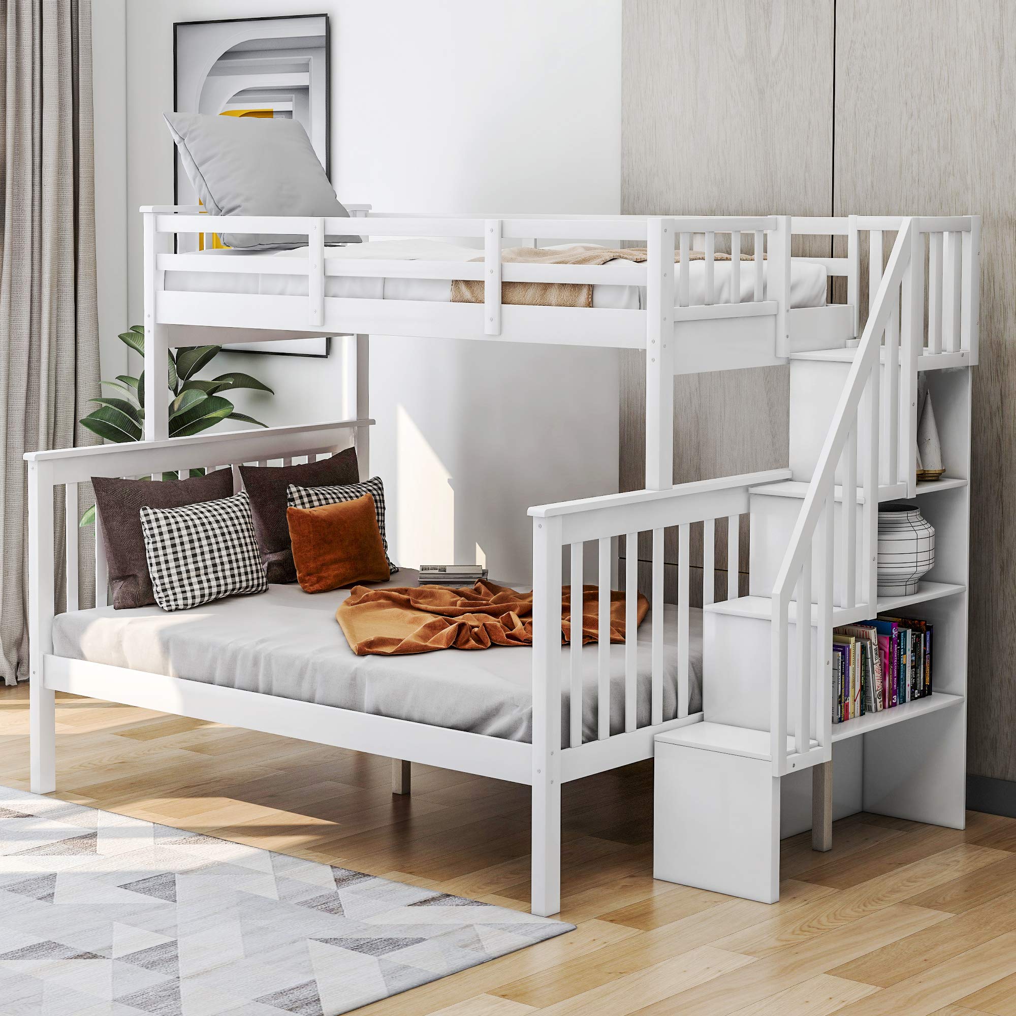 Solid Wood Twin Bunk Bed with Storage & Guard Rail - Convertible to 2 Beds for Kids' Room