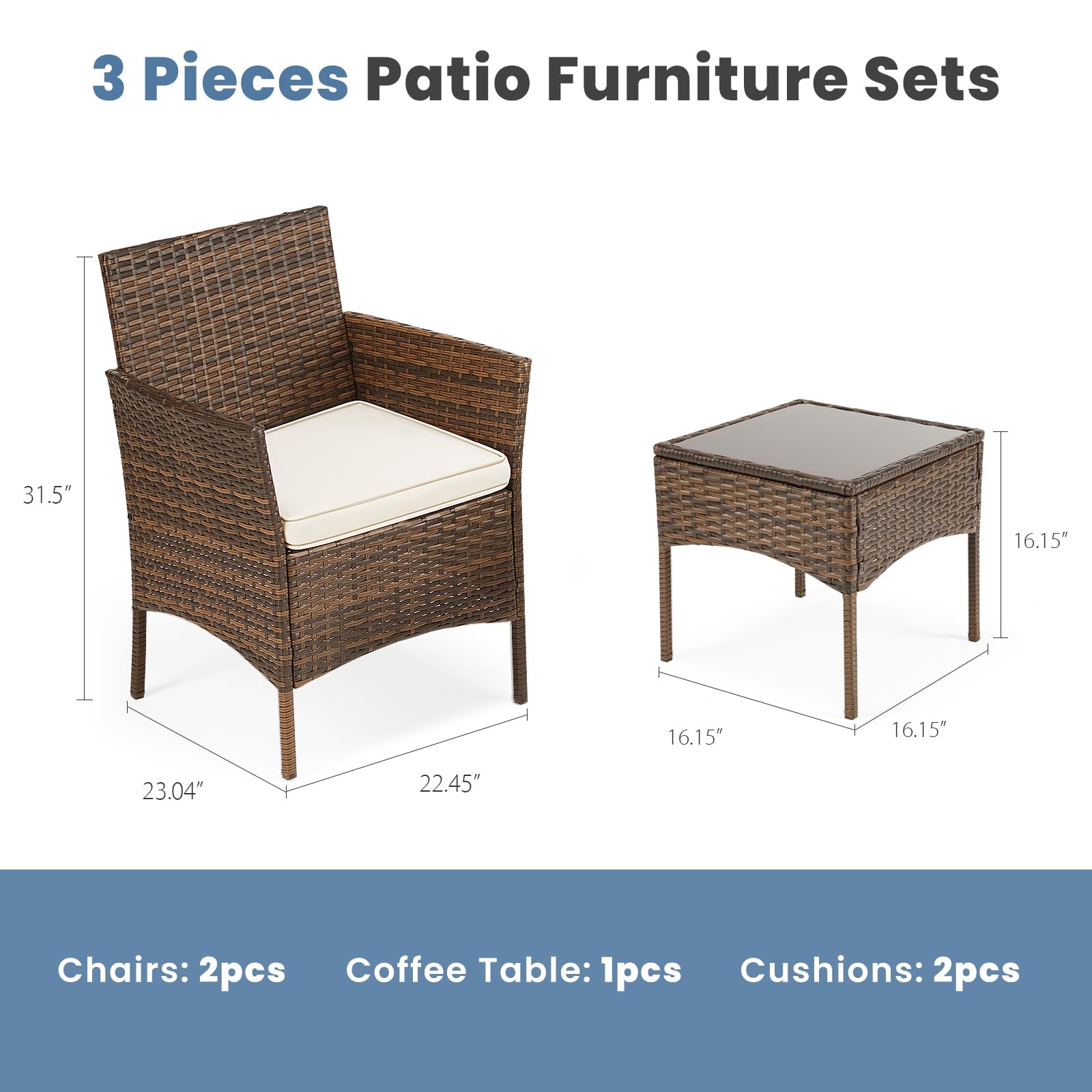 DUMOS 3-Piece Patio Furniture Set - Modern Outdoor Wicker Sofa & Coffee Table Conversation Set, All-Weather Rattan Chairs for Garden, Terrace, Porch, Balcony, Backyard (Brown & Beige) | Perfect for Relaxing, Entertaining & Outdoor Dining