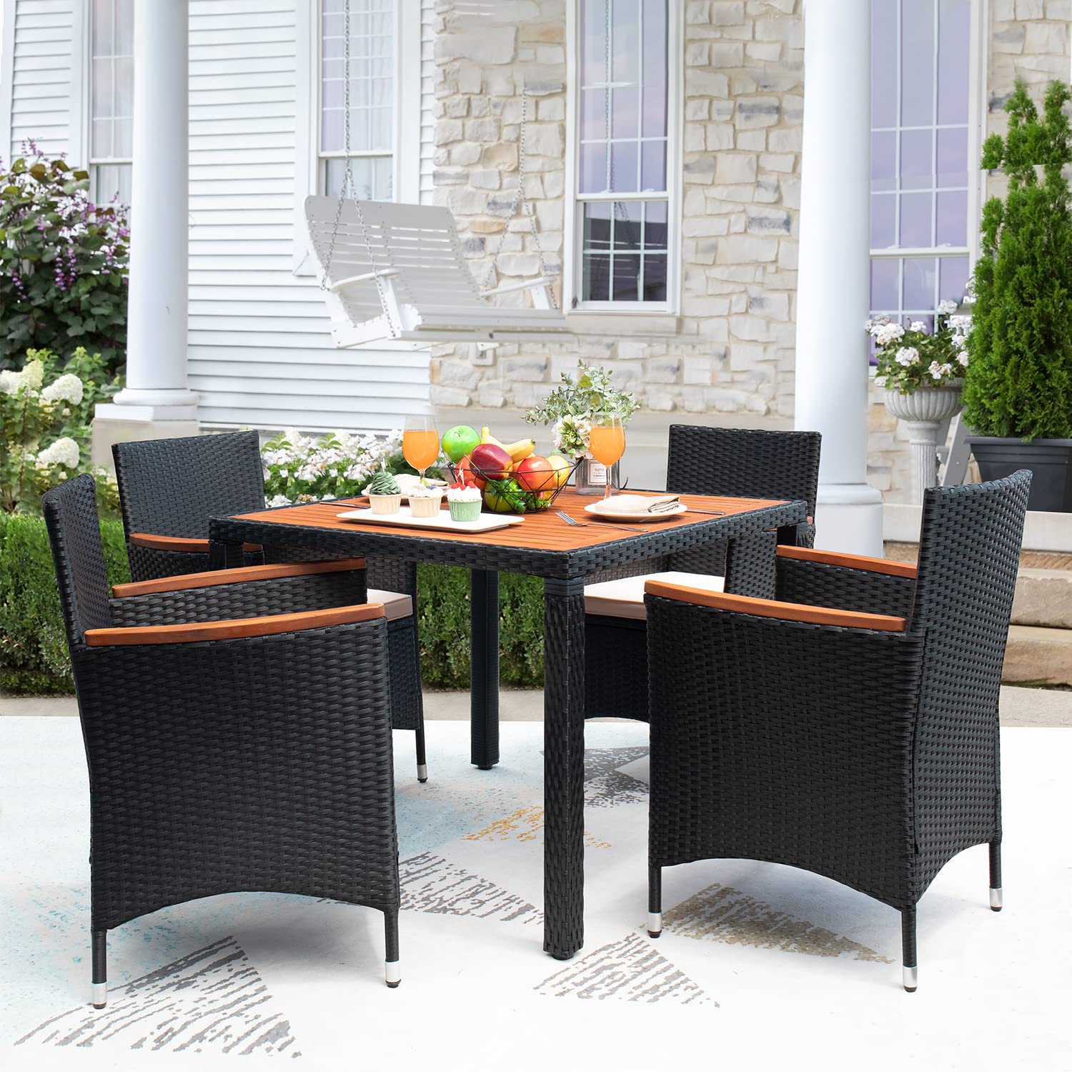 Devoko 5-Piece Outdoor Patio Furniture Set - Acacia Wood Top & Rattan Dining Table with Chairs for Backyard, Garden, Deck - Black | Perfect for Outdoor Entertaining, BBQ Parties, and Relaxing in Your Yard