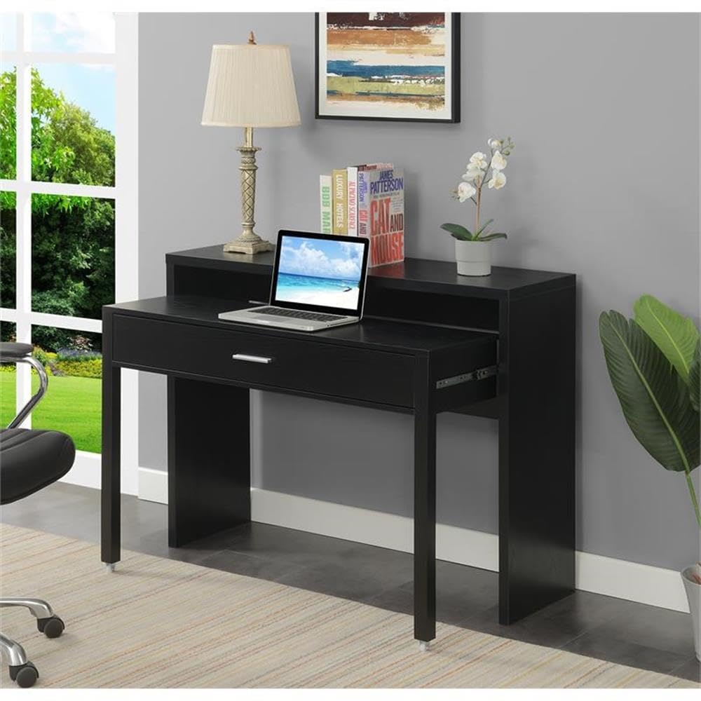Modern Black Wood Console Desk with Sliding Drawer & Riser - Stylish Home Office & Living Room Furniture for Workspace Organization