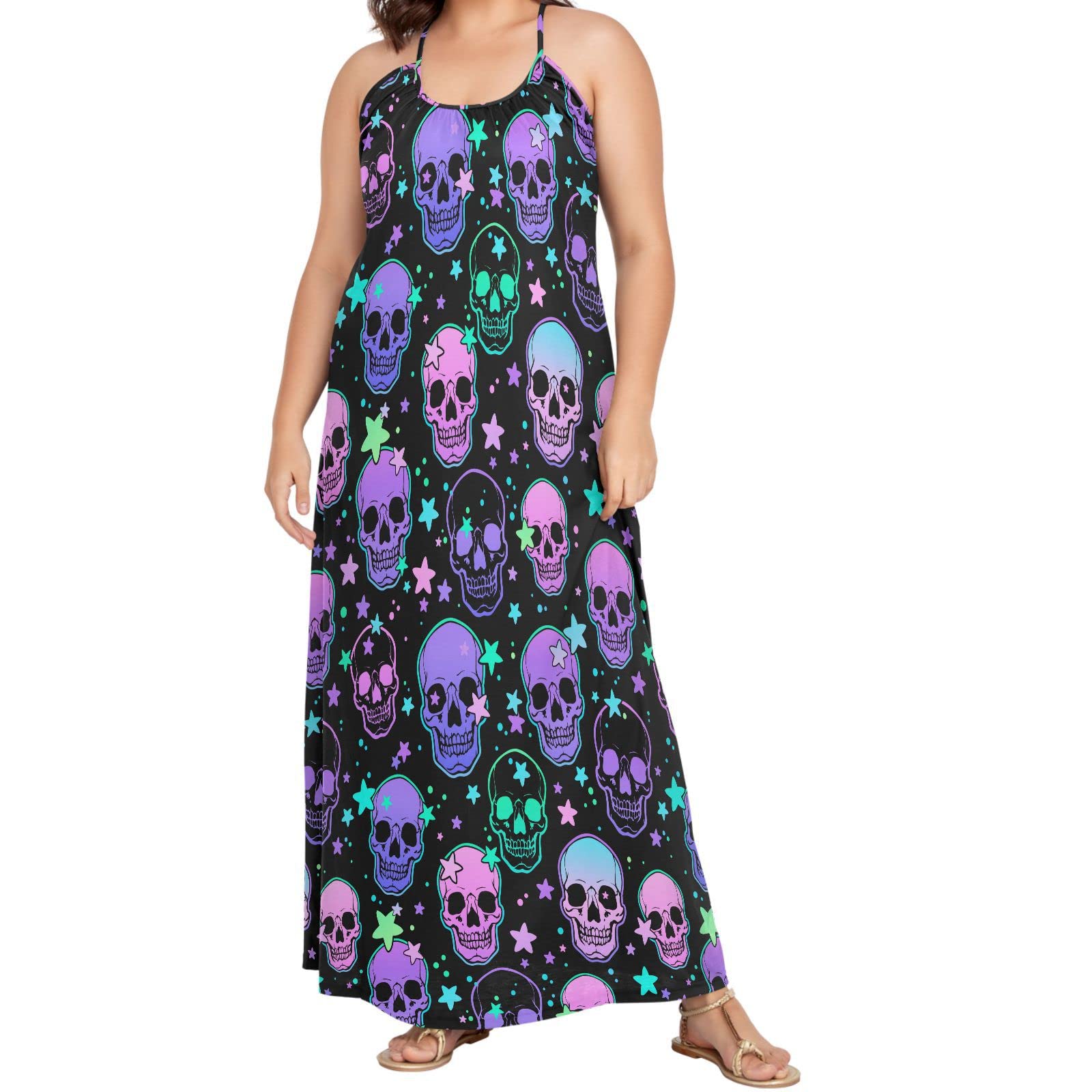 MNSRUU Women's Skull Rose Print Sexy Summer Beach Slip Dress - Gothic Floral Sleeveless Maxi Dress for Women, Perfect for Beach Vacation, Party, and Casual Outings