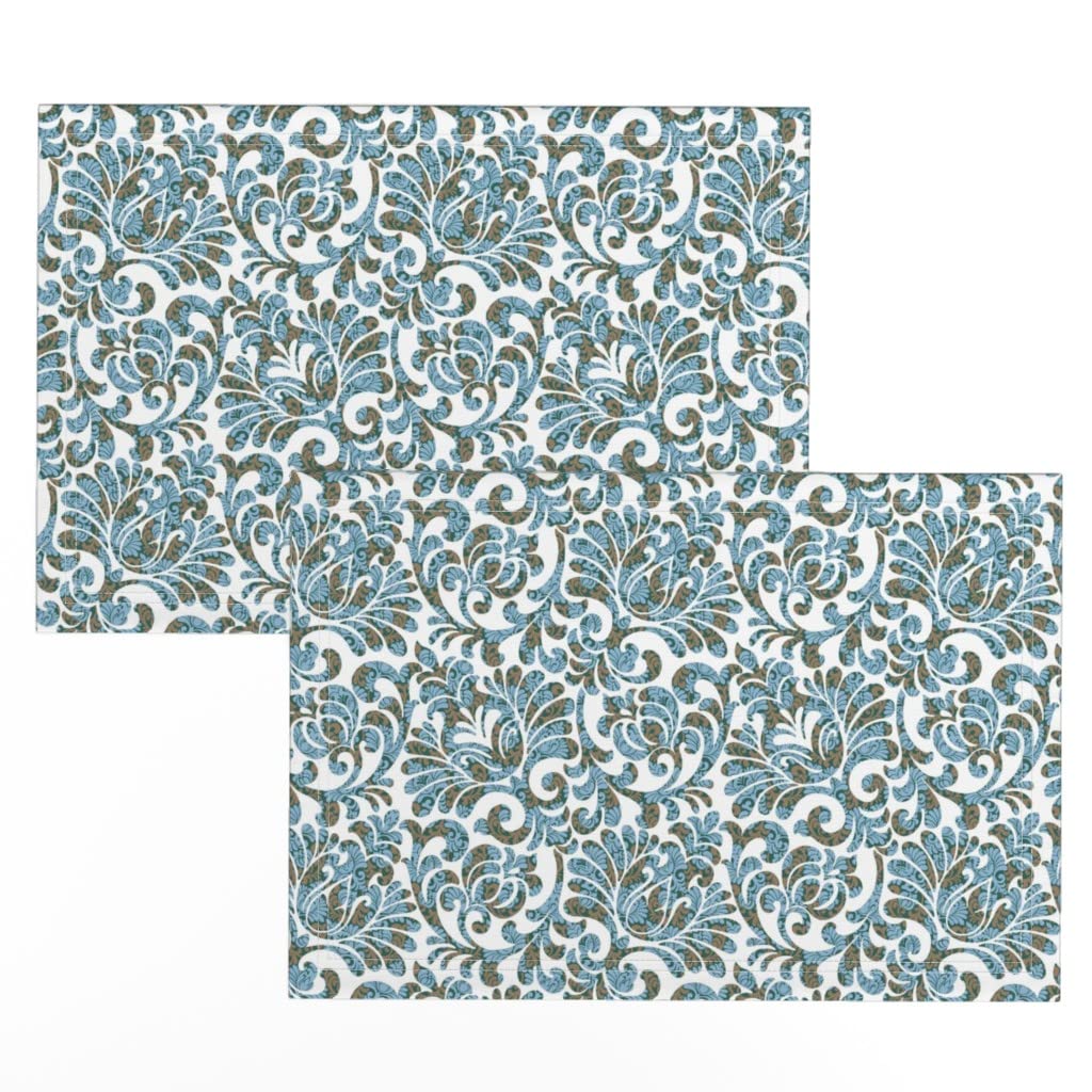 Premium Linen Cotton Canvas Placemats Set of 2 - Mint Blue & White Swirls Regency Rococo Print - Elegant Dining Table Decor for Formal Dinner Parties & Holiday Entertaining