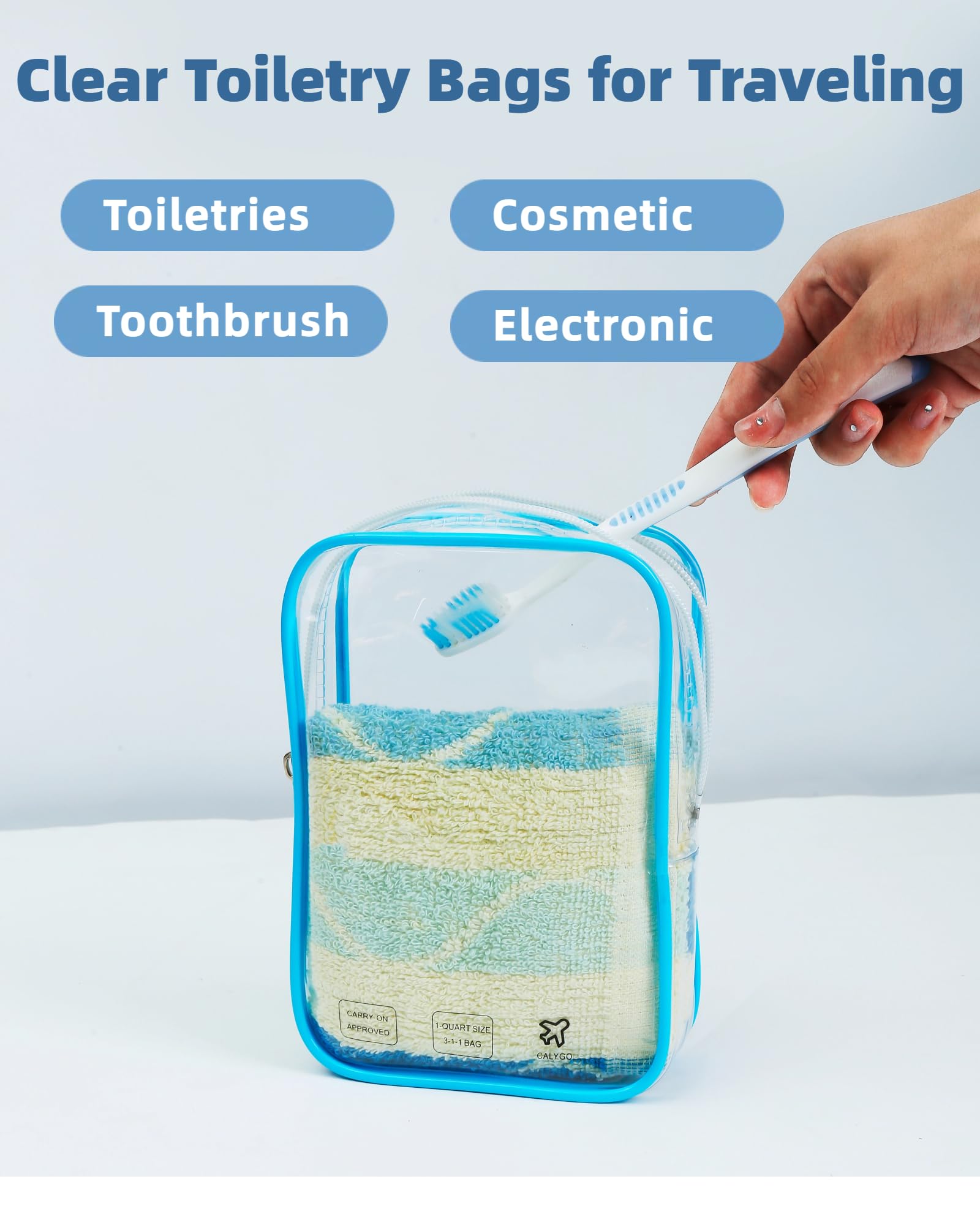 TSA Approved Clear & Blue Travel Toiletry Bag - Quart Size Leakproof Makeup Zipper Pouch for Airplane Essentials | Perfect for Long Flights, International Travel & European Trips | Carry-On Compliant Cosmetic Organizer