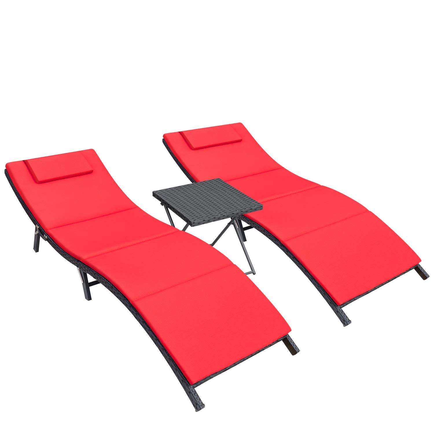 Homall 3-Piece Patio Chaise Lounge Chair Set - Outdoor PE Rattan Reclining Chairs with Folding Table & Cushions for Poolside, Beach & Backyard Relaxation (Red)