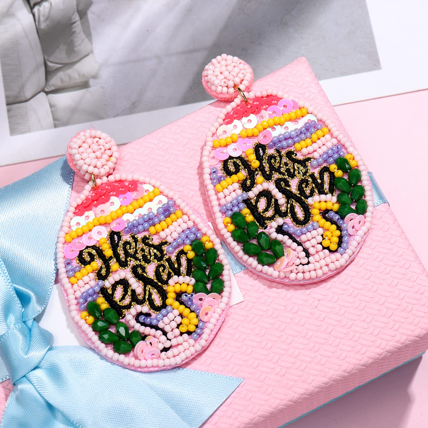 Easter Earrings for Women - Colorful Beaded 'He Is Risen' Dangle Earrings with Sequins & Egg Charm - Spring Holiday Jewelry Gift (Green) - Perfect for Easter Sunday Church, Spring Parties & Festive Celebrations