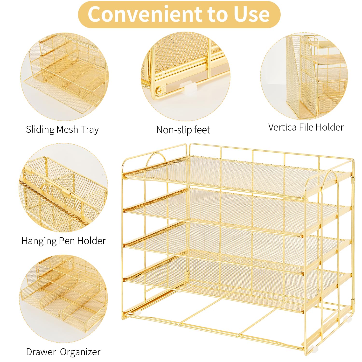 Youbetia 5-Tier Desk Organizer with Vertical File Racks & Drawer - Desktop Paper Tray Office Organizer with Pen Holder - Workspace Accessories for Home & Office (Gold) - Perfect for Organizing Documents, Stationery & Office Supplies
