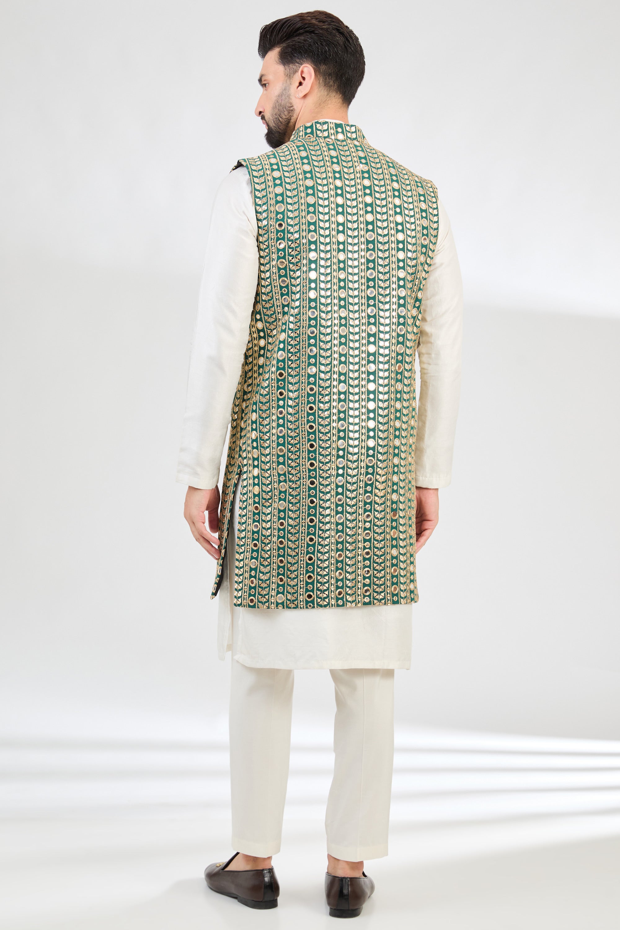Mehndi Green Heavy Mirror Work Long Open Shrug - Elegant Embroidered Bolero for Weddings, Parties & Festive Occasions