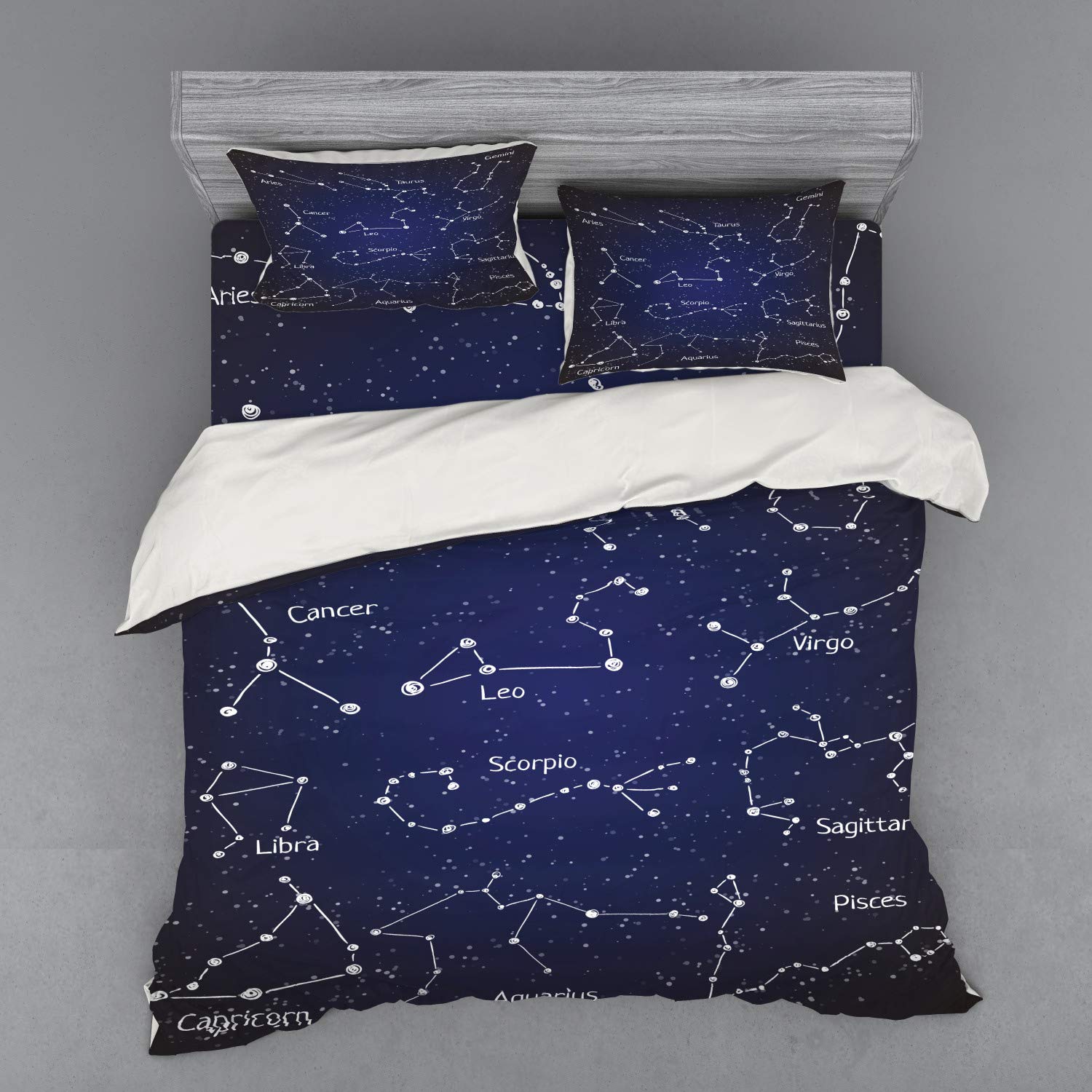 Ambesonne Constellation Duvet Cover Set - Zodiac Star Clusters & Sign Names in Doodle Chalk Style | 4-Piece King Size Bedding Set with Shams & Fitted Sheet | Dark Blue & White | Perfect for Astronomy Lovers' Bedrooms & Cozy Stargazing Nights