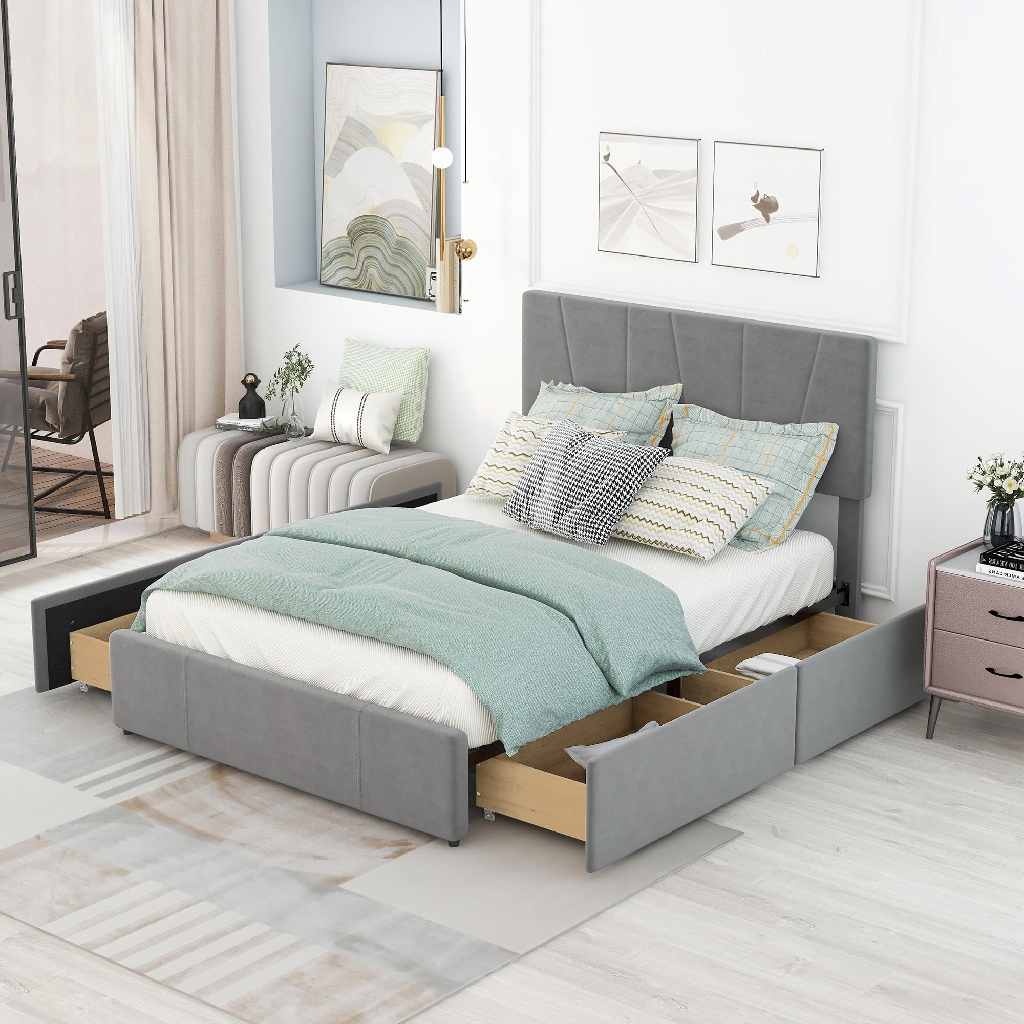 Polibi Full Size Velvet Upholstered Platform Bed with 4 Storage Drawers & Adjustable Headboard - No Box Spring Needed, Grey - Perfect for Small Bedrooms & Modern Apartments