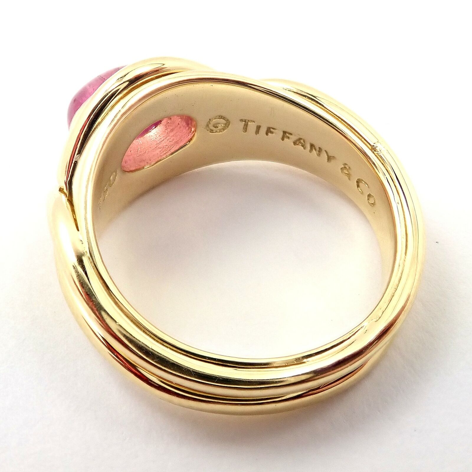 Authentic Tiffany & Co 18K Yellow Gold Pink Tourmaline Cabochon Band Ring - Rare Vintage Jewelry for Women, Perfect Gift for Anniversary, Engagement & Special Occasions