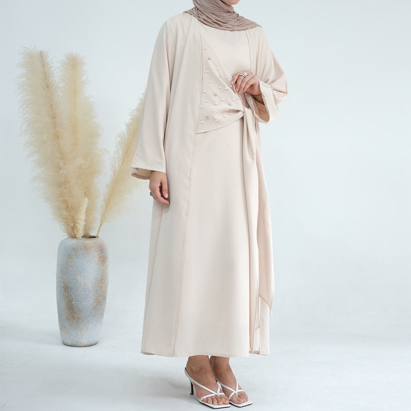 2-Piece Spandex Pearl Open Abaya Dress Set for Muslim Women - Elegant Prayer Dress for Mosque, Eid, and Special Occasions