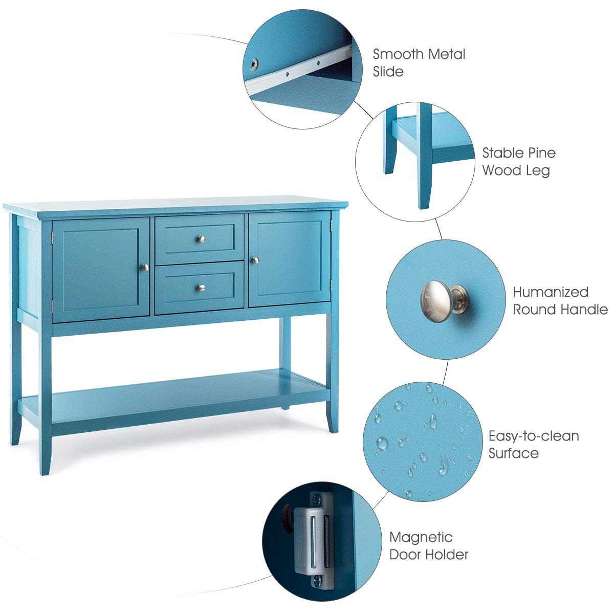Furniga Wood Buffet Sideboard with Drawers & Cabinets for Living Room Dining Kitchen - Blue