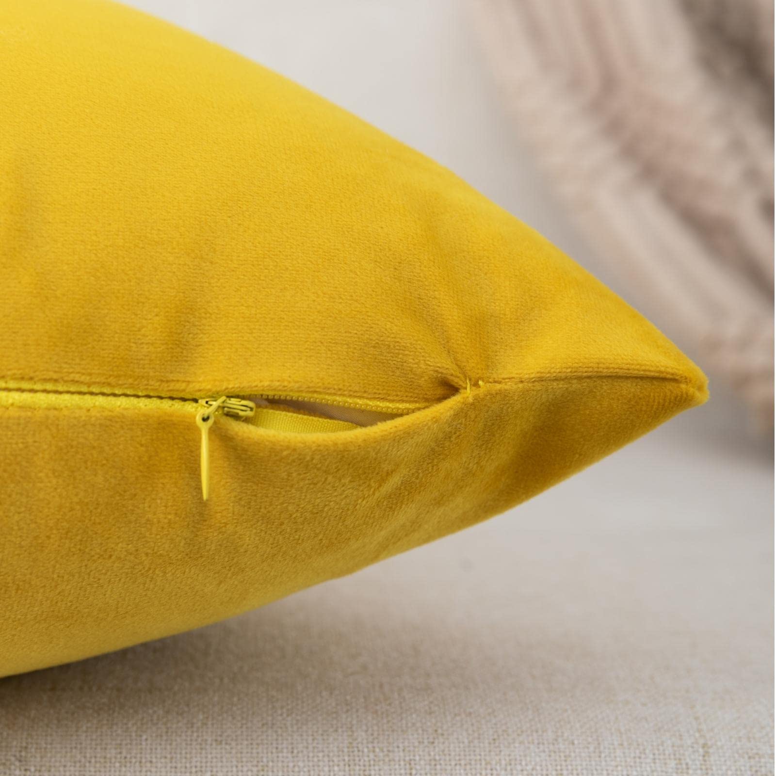 ZLINA Set of 2 Velvet Decorative Throw Pillow Covers - Yellow & White Patchwork with Gold Leather Trim - 20×20 Inch Square Cushion Covers for Sofa, Bed, Living Room, Bedroom & Car Decor