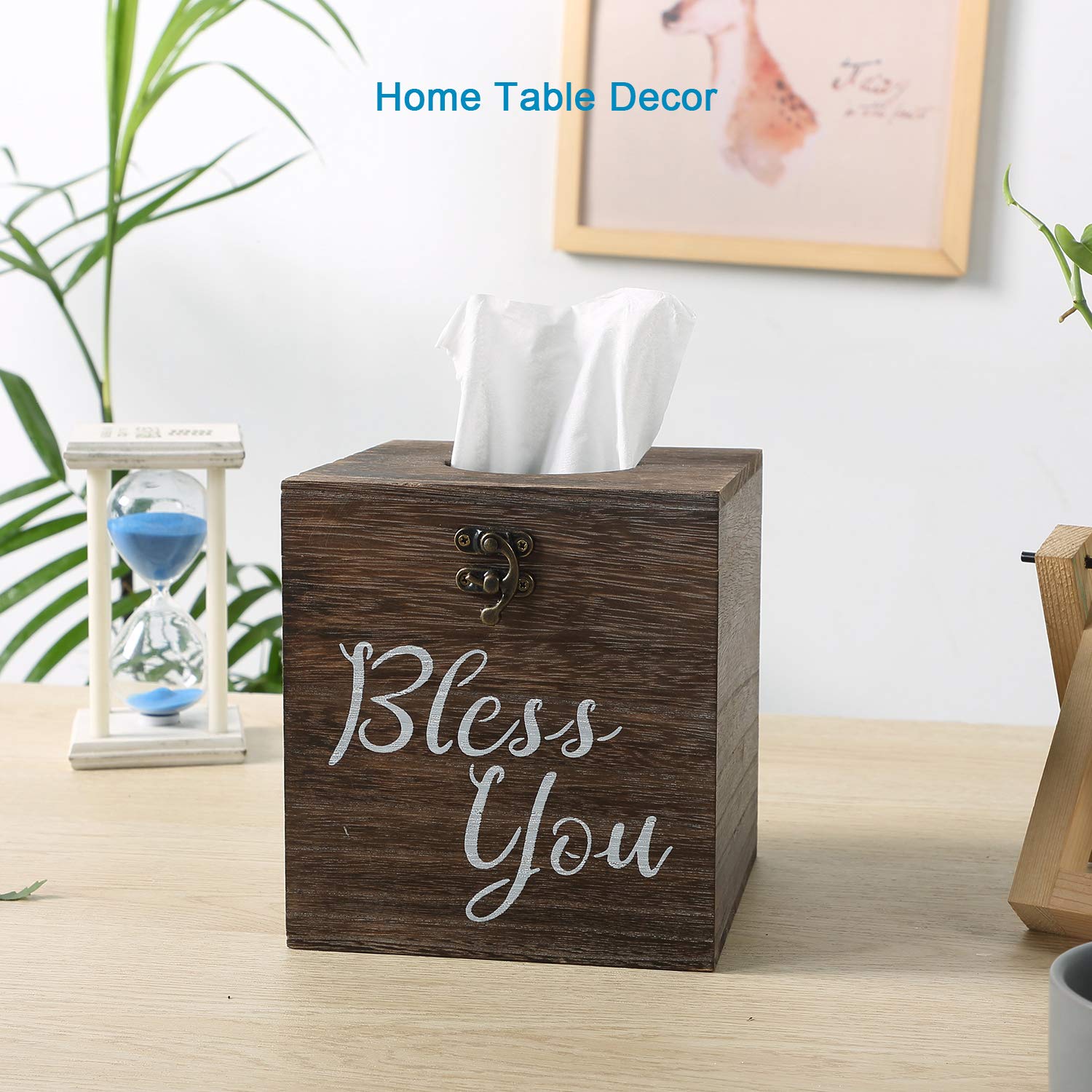 Bless You Wood Tissue Box Cover Set of 2 - Rustic White Square Tissue Box Holder, Farmhouse Style Toilet Paper or Napkin Dispenser for Bathroom, Living Room, Kitchen & Dining Table (Brown) - Perfect for Home Decor & Gift Giving